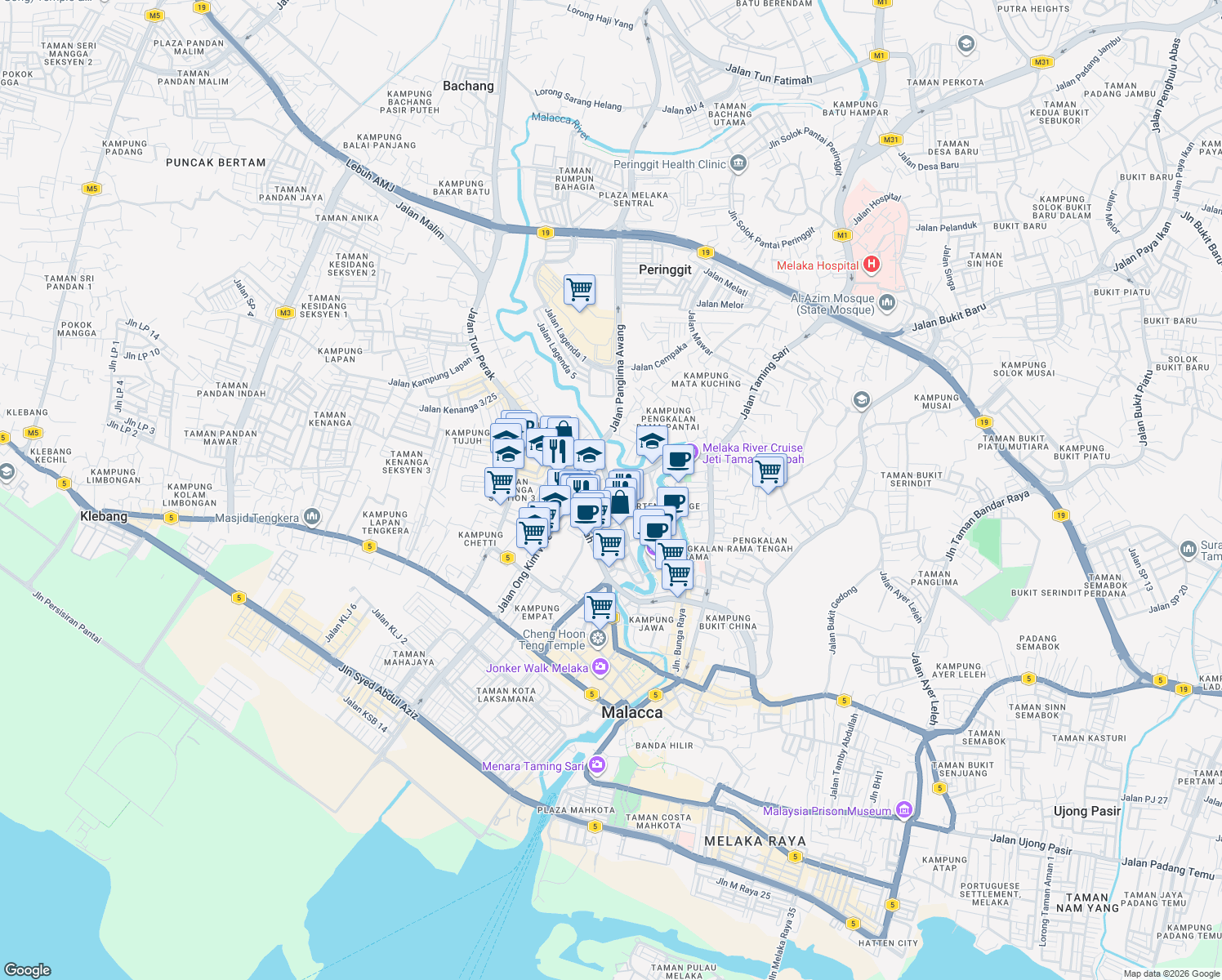 map of restaurants, bars, coffee shops, grocery stores, and more near Jalan Tun Ali in Malacca
