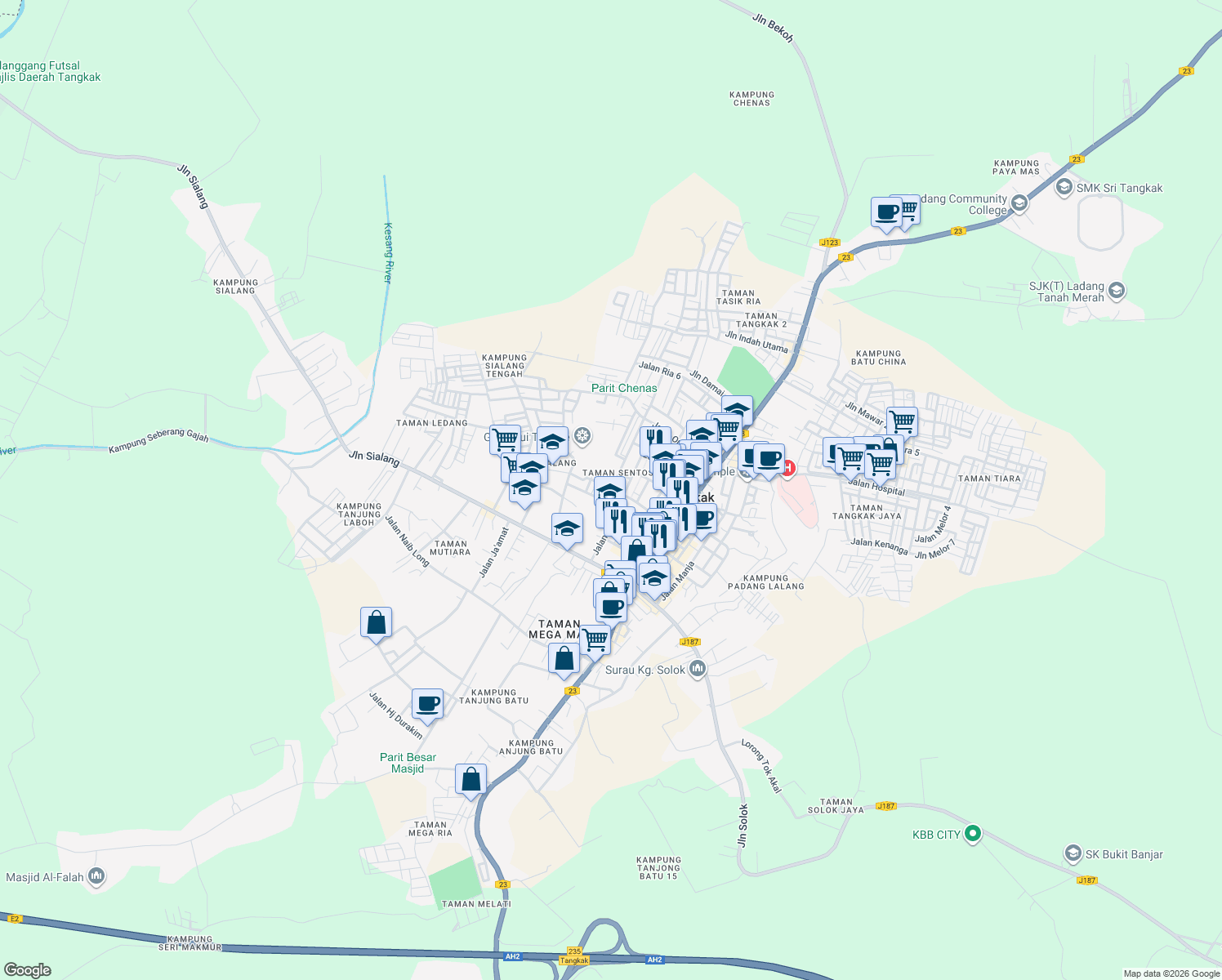 map of restaurants, bars, coffee shops, grocery stores, and more near Jalan Ong Siong in Tangkak