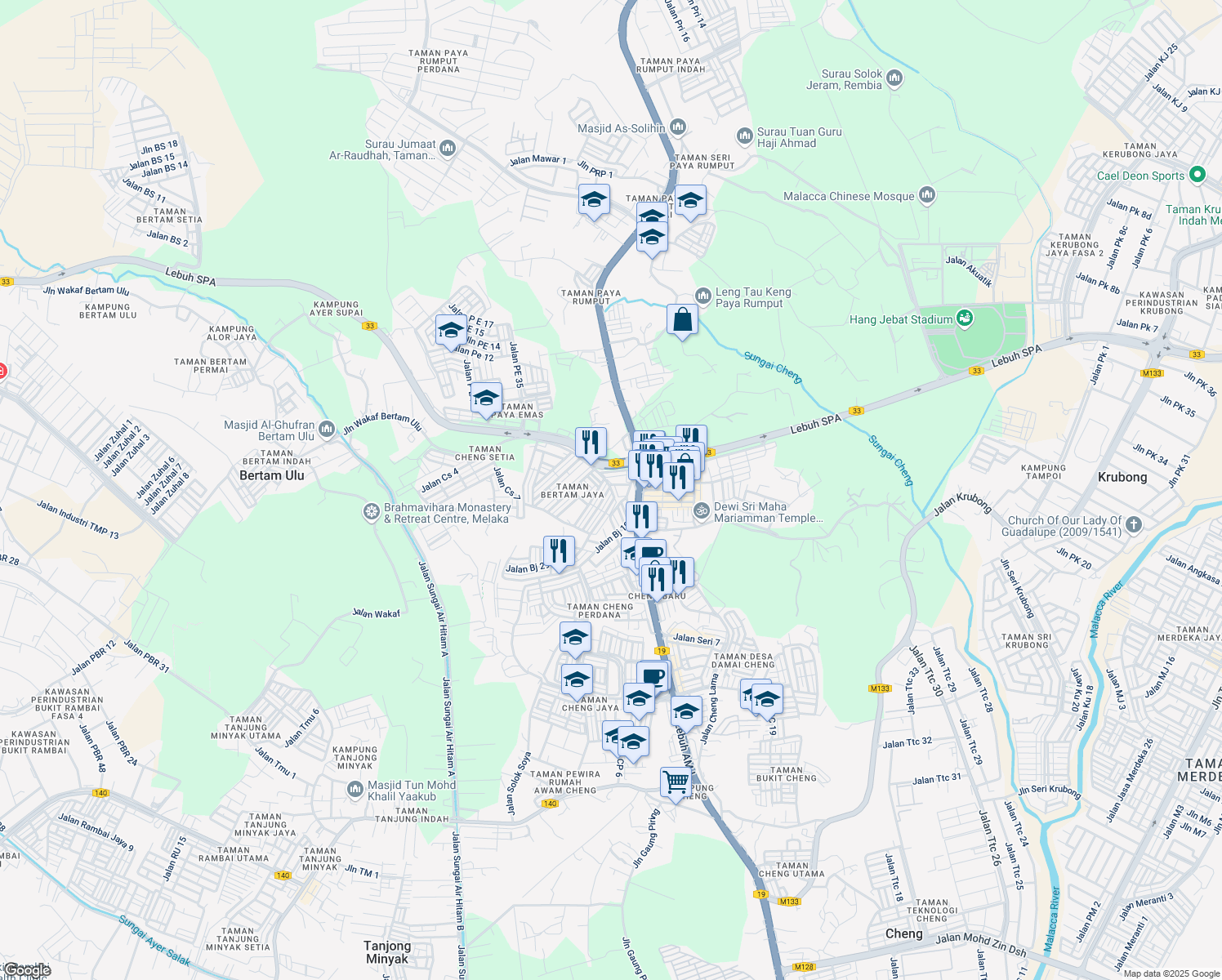 map of restaurants, bars, coffee shops, grocery stores, and more near Jalan Bertam Jaya 9 in Melaka