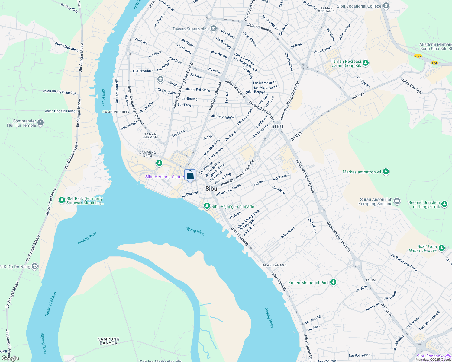 map of restaurants, bars, coffee shops, grocery stores, and more near Jalan Pedada in Sibu