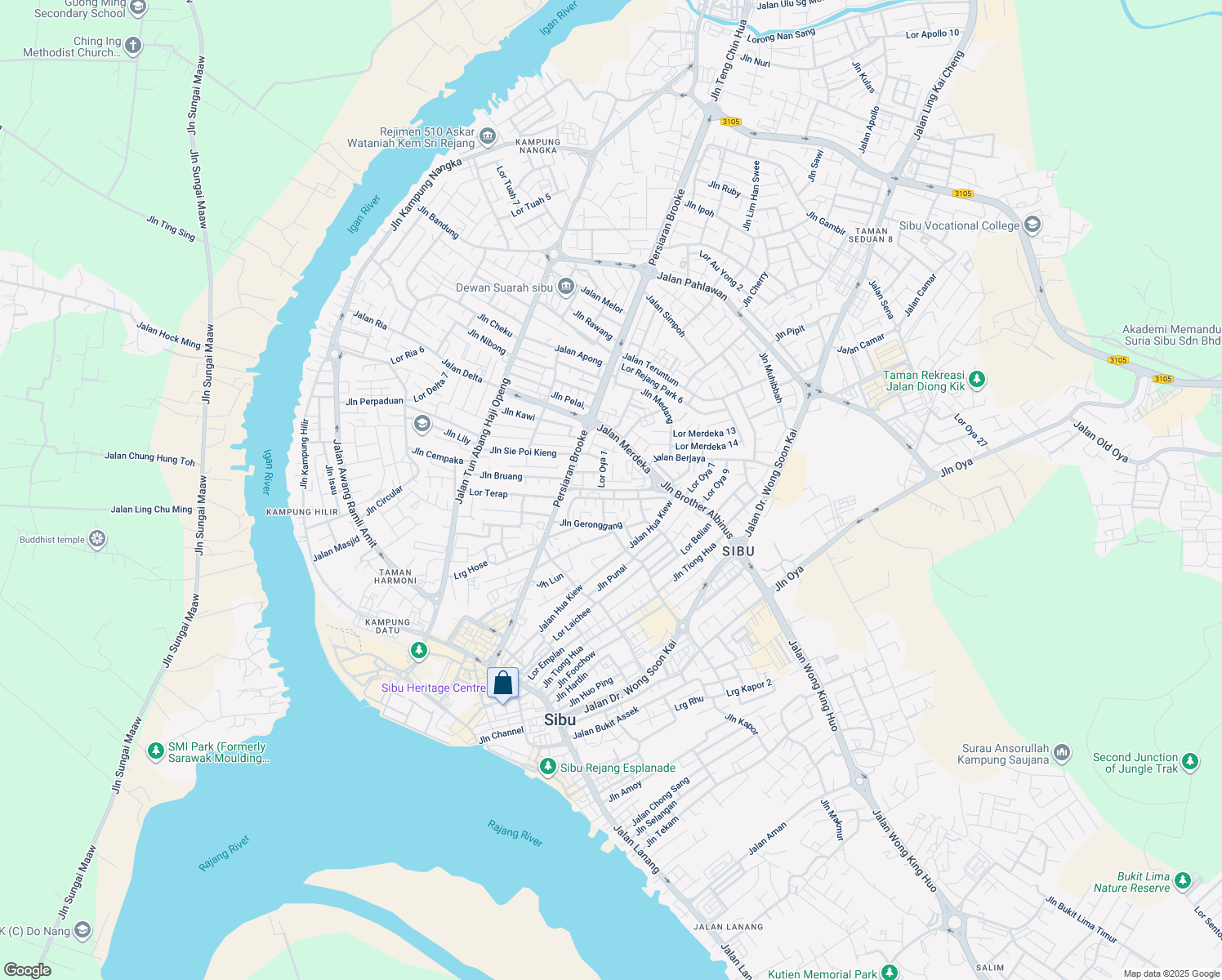 map of restaurants, bars, coffee shops, grocery stores, and more near Jalan Oya Sibu in Sibu