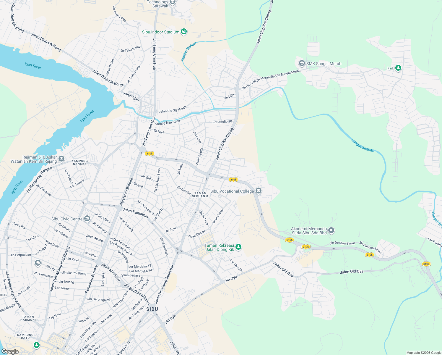 map of restaurants, bars, coffee shops, grocery stores, and more near Jalan Deshon in Sibu