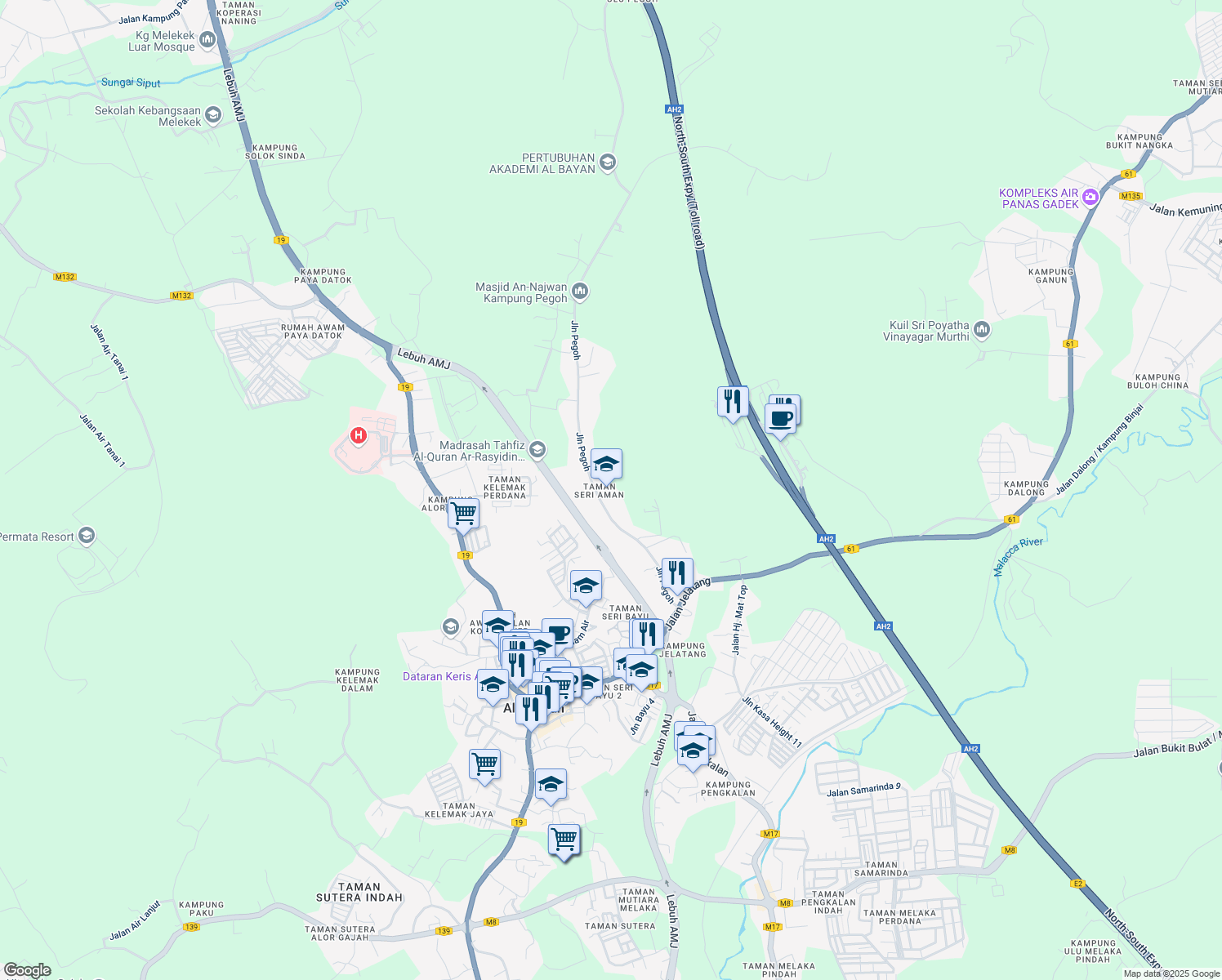 map of restaurants, bars, coffee shops, grocery stores, and more near Jalan Pegoh in Alor Gajah
