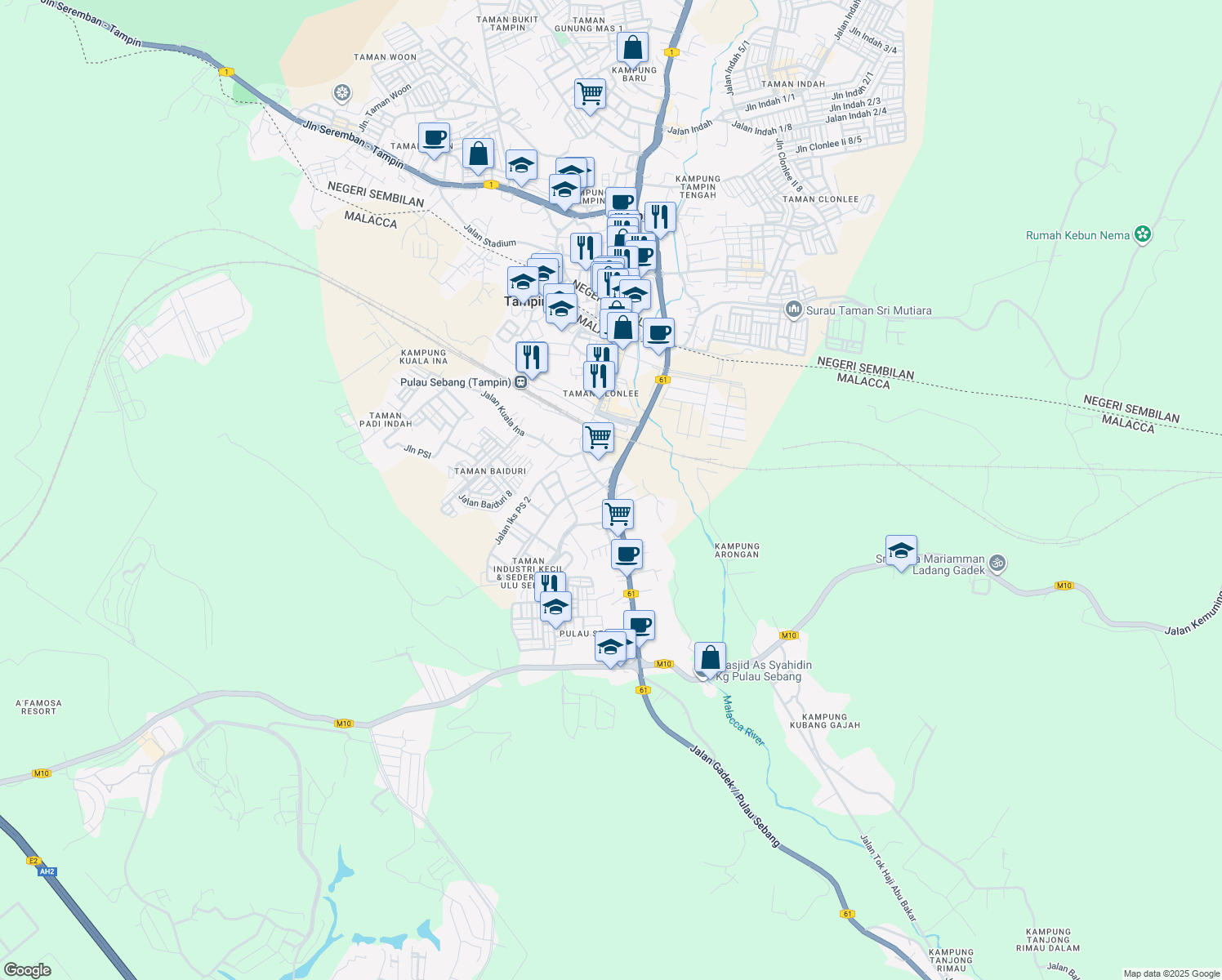 map of restaurants, bars, coffee shops, grocery stores, and more near Jalan Besar Pulau Sebang & Jalan Pulau Sebang / Tampin in Alor Gajah