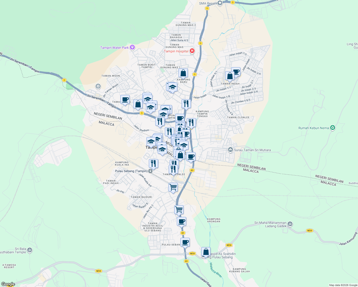 map of restaurants, bars, coffee shops, grocery stores, and more near JKR 77 Jalan Kelab in Tampin