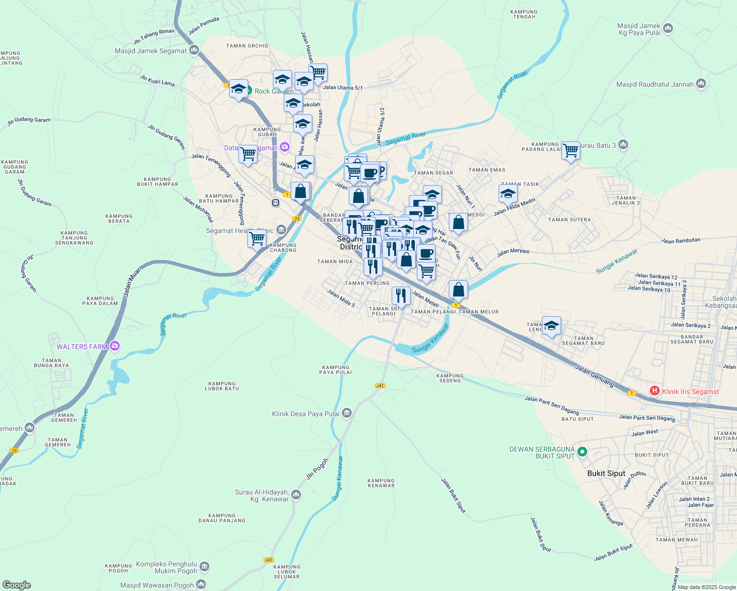 map of restaurants, bars, coffee shops, grocery stores, and more near 7 Jalan Mida 4 in Segamat