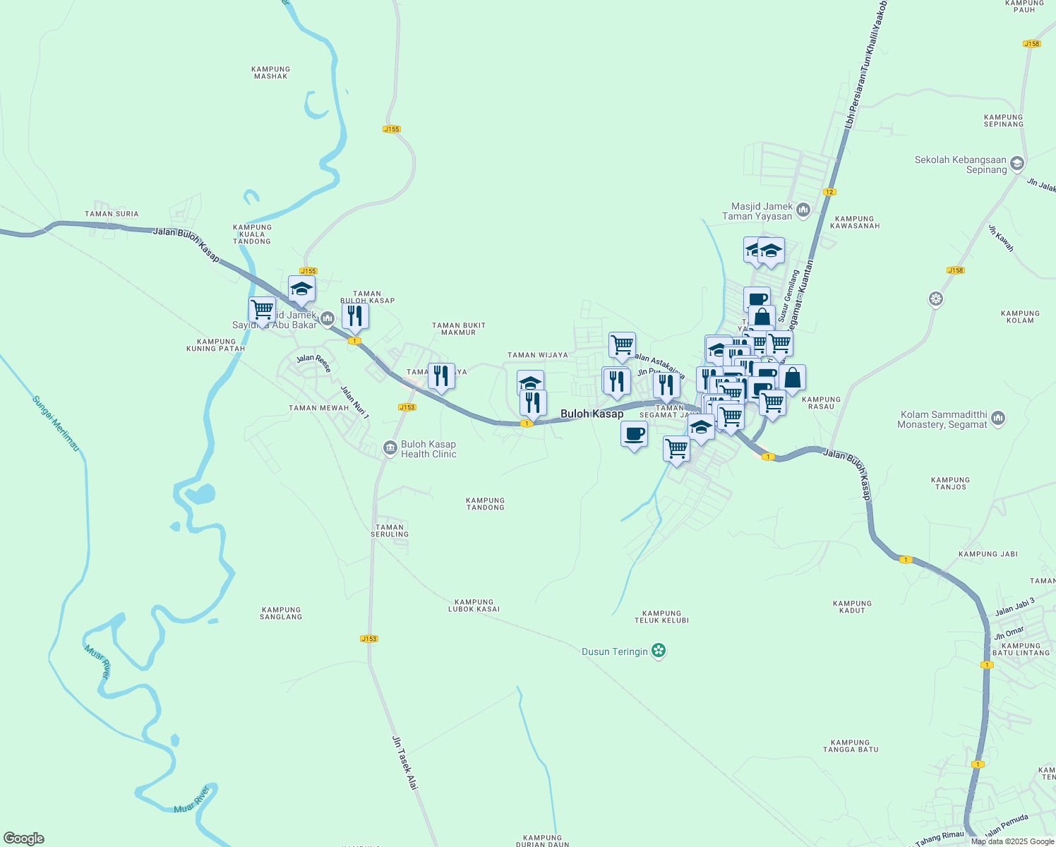 map of restaurants, bars, coffee shops, grocery stores, and more near Jalan Buloh Kasap in Segamat