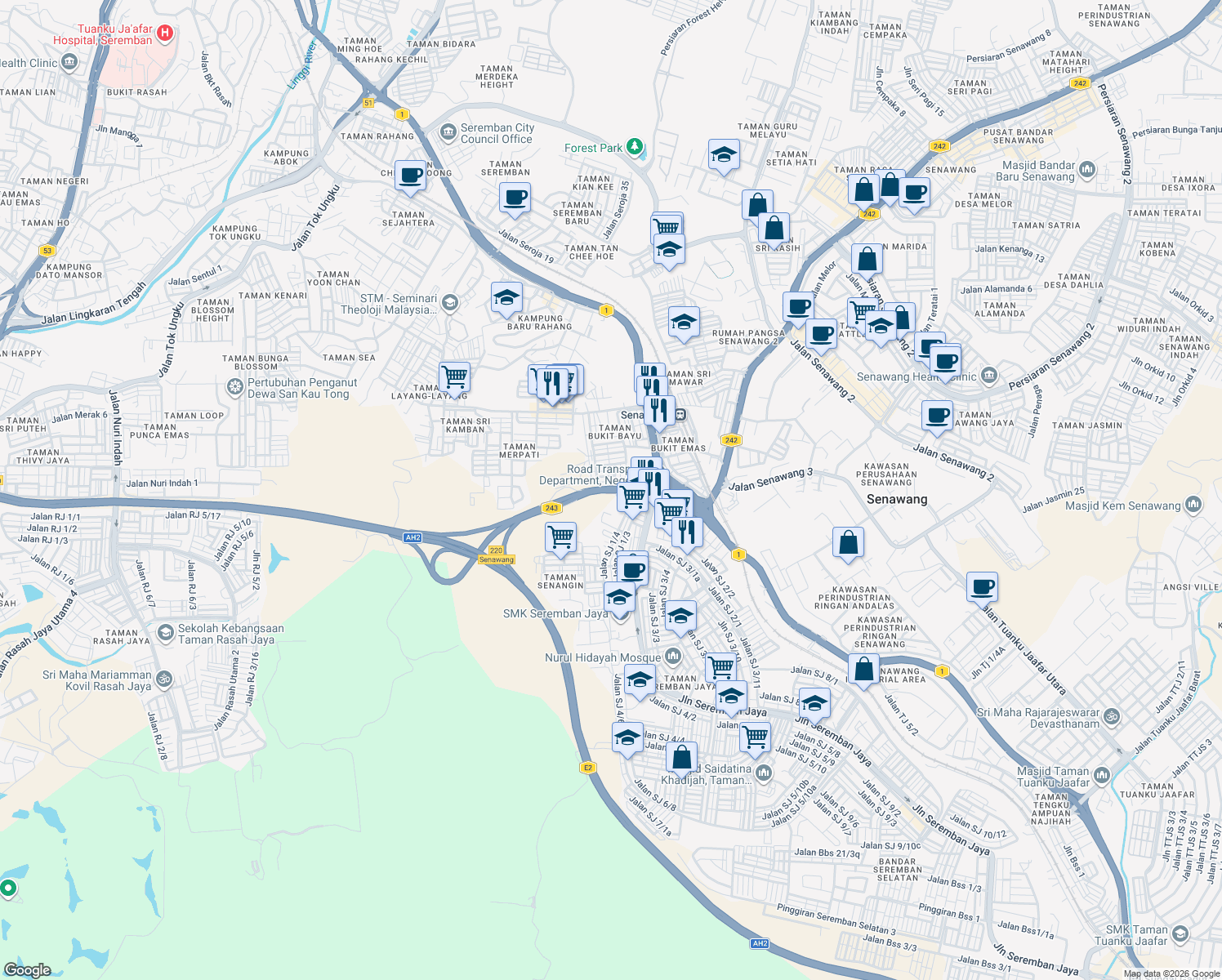 map of restaurants, bars, coffee shops, grocery stores, and more near Jalan Senawang in Seremban