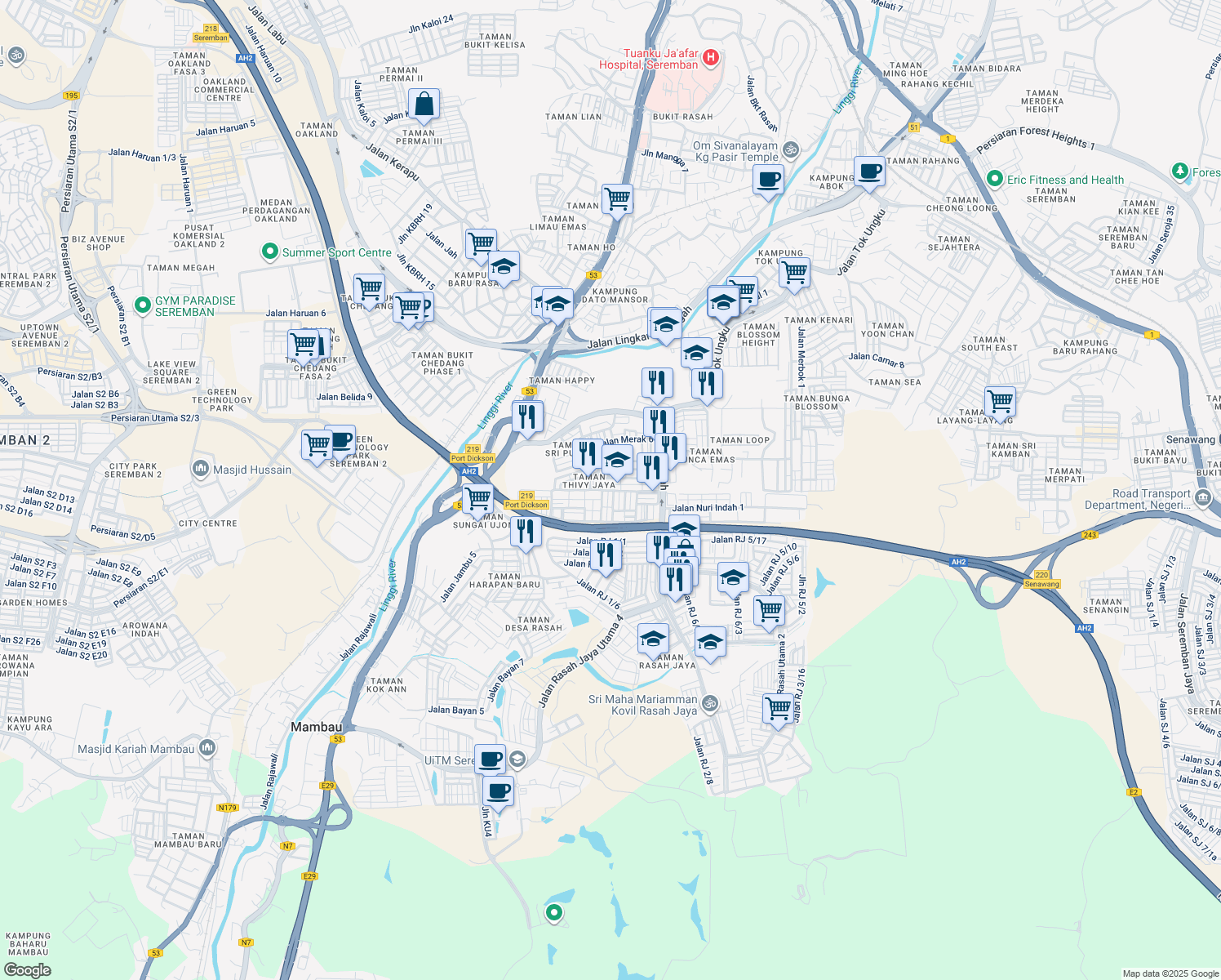 map of restaurants, bars, coffee shops, grocery stores, and more near Jalan Nuri Indah 9 in Seremban