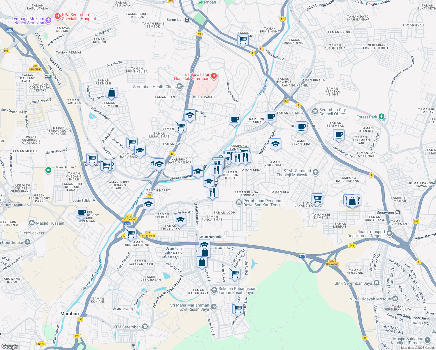 map of restaurants, bars, coffee shops, grocery stores, and more near Jalan Tok Ungku in Seremban