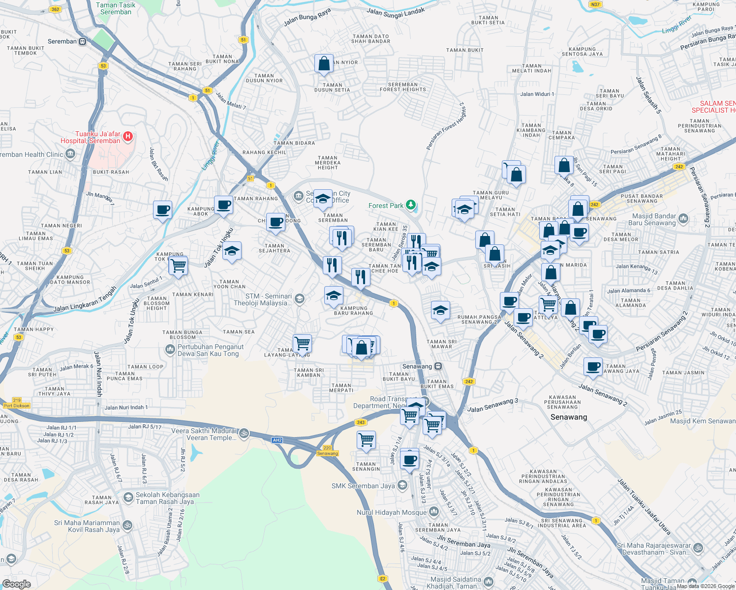 map of restaurants, bars, coffee shops, grocery stores, and more near Jalan Rahang in Seremban