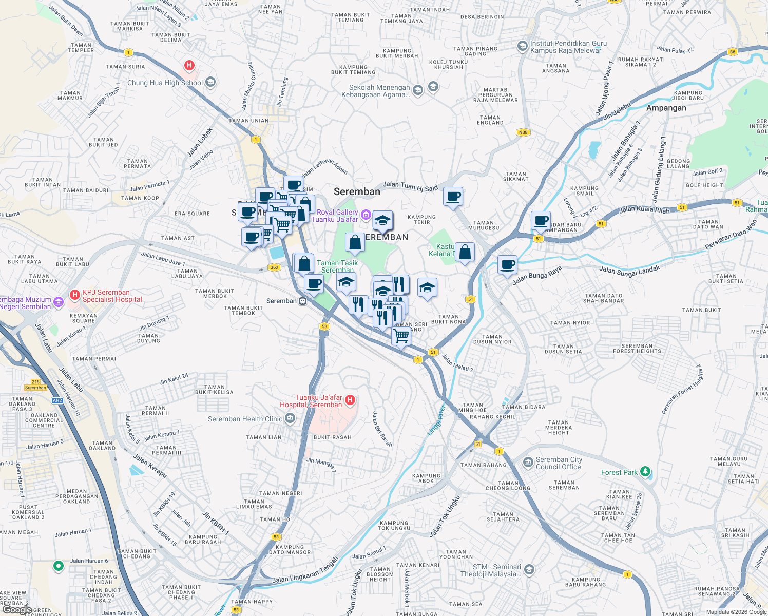 map of restaurants, bars, coffee shops, grocery stores, and more near Jalan Medan Rahang in Seremban