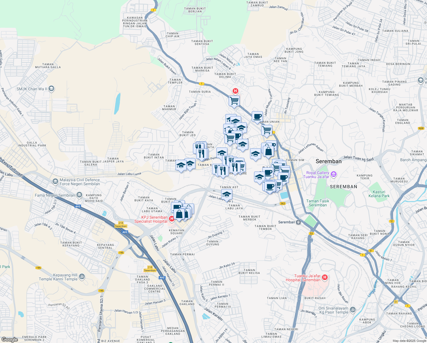 map of restaurants, bars, coffee shops, grocery stores, and more near Jalan Zamrud 6 in Seremban