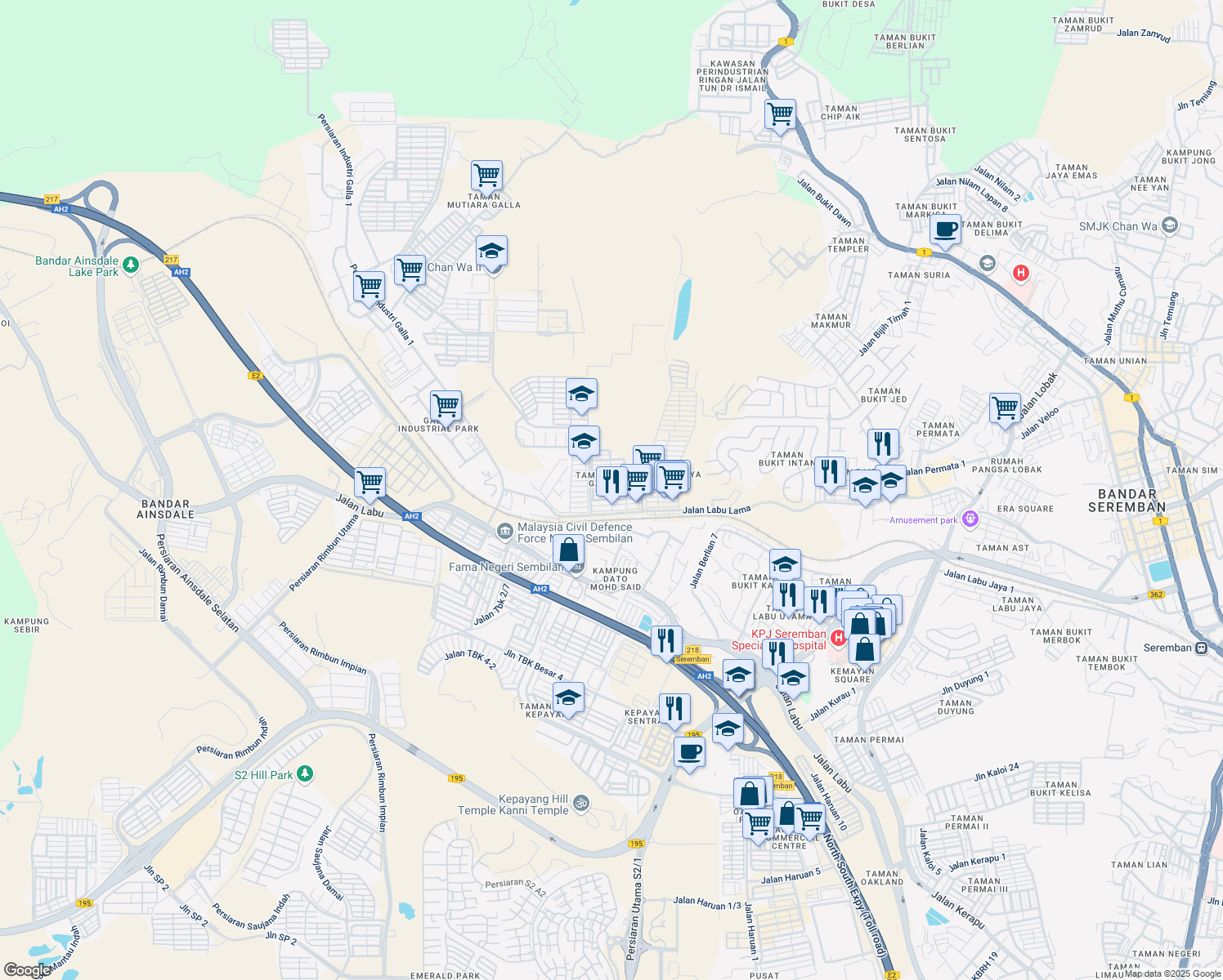 map of restaurants, bars, coffee shops, grocery stores, and more near Jalan Bukit Galena 5 in Seremban