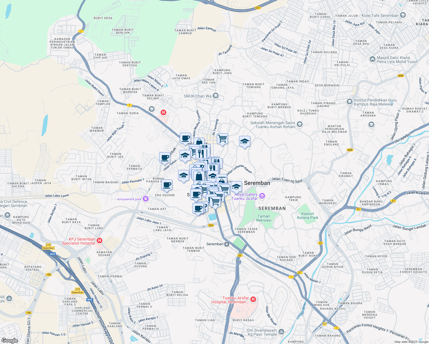 map of restaurants, bars, coffee shops, grocery stores, and more near Jalan Kapitan Tam Yeong in Seremban