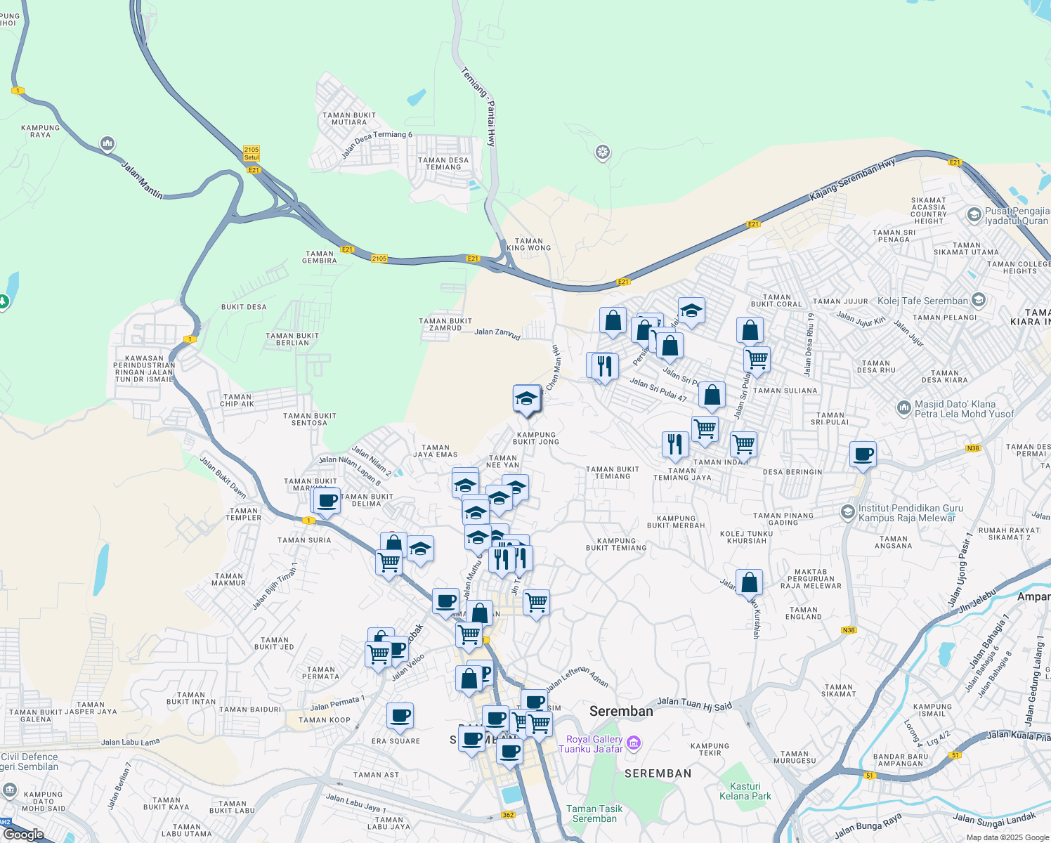 map of restaurants, bars, coffee shops, grocery stores, and more near 736 Jalan Temiang in Seremban