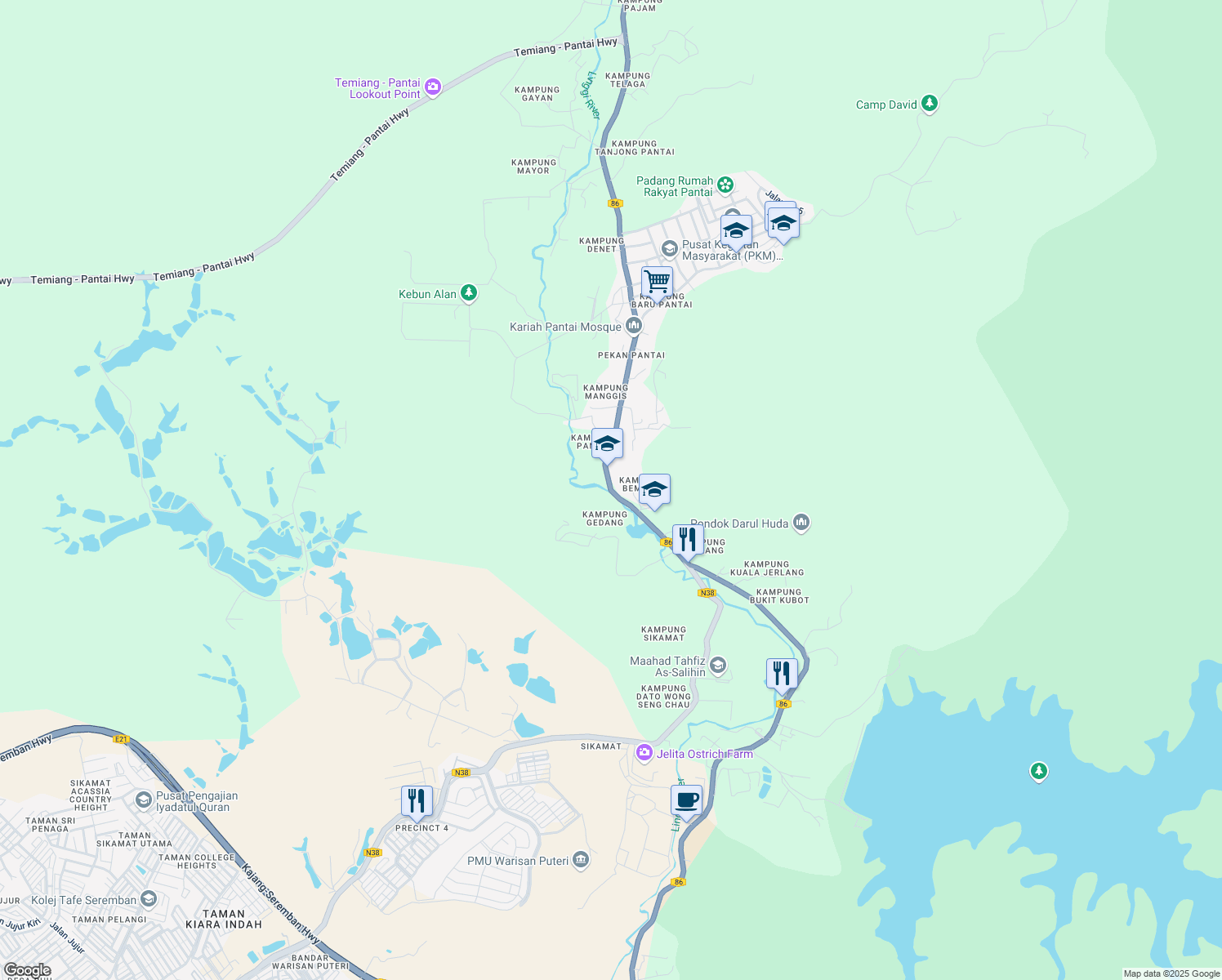 map of restaurants, bars, coffee shops, grocery stores, and more near Jalan Jelebu in Seremban