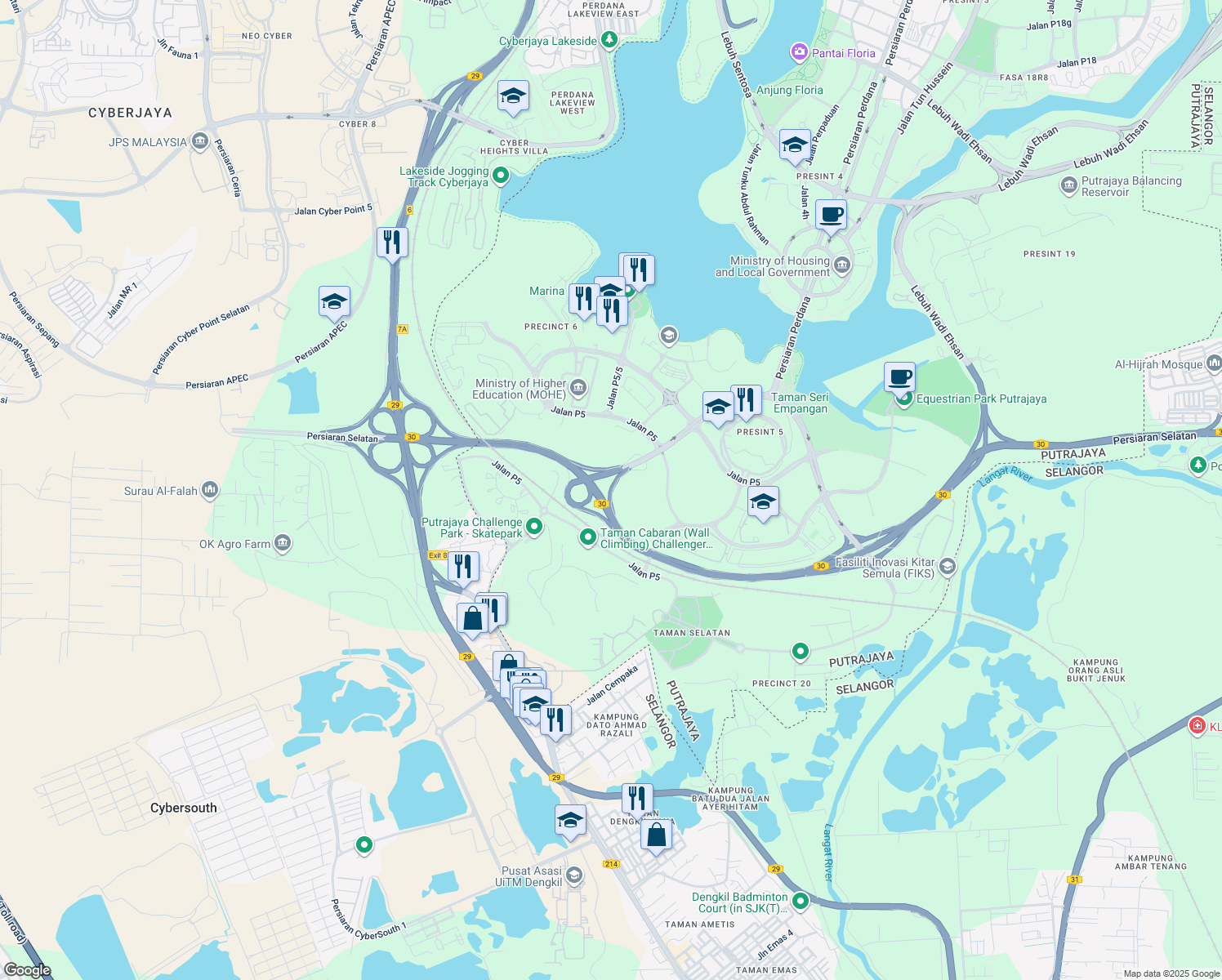 map of restaurants, bars, coffee shops, grocery stores, and more near Exit Persiaran Selatan in Putrajaya