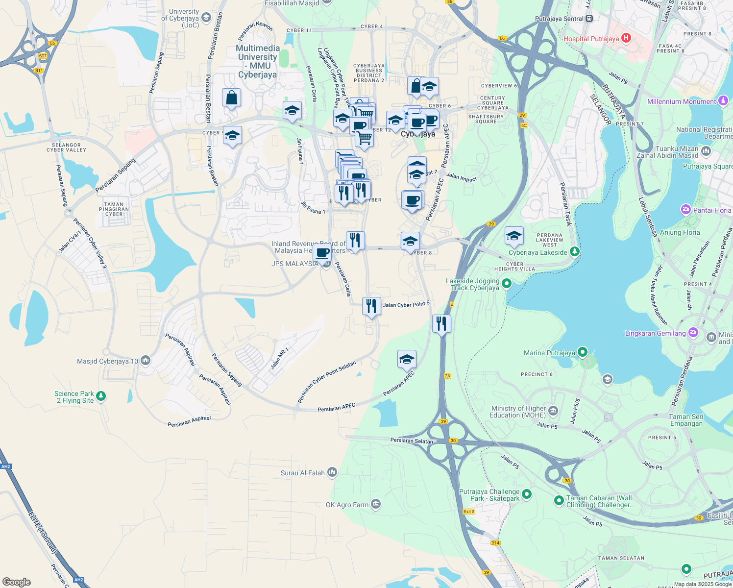 map of restaurants, bars, coffee shops, grocery stores, and more near Persiaran Cyber Point Selatan in Cyberjaya