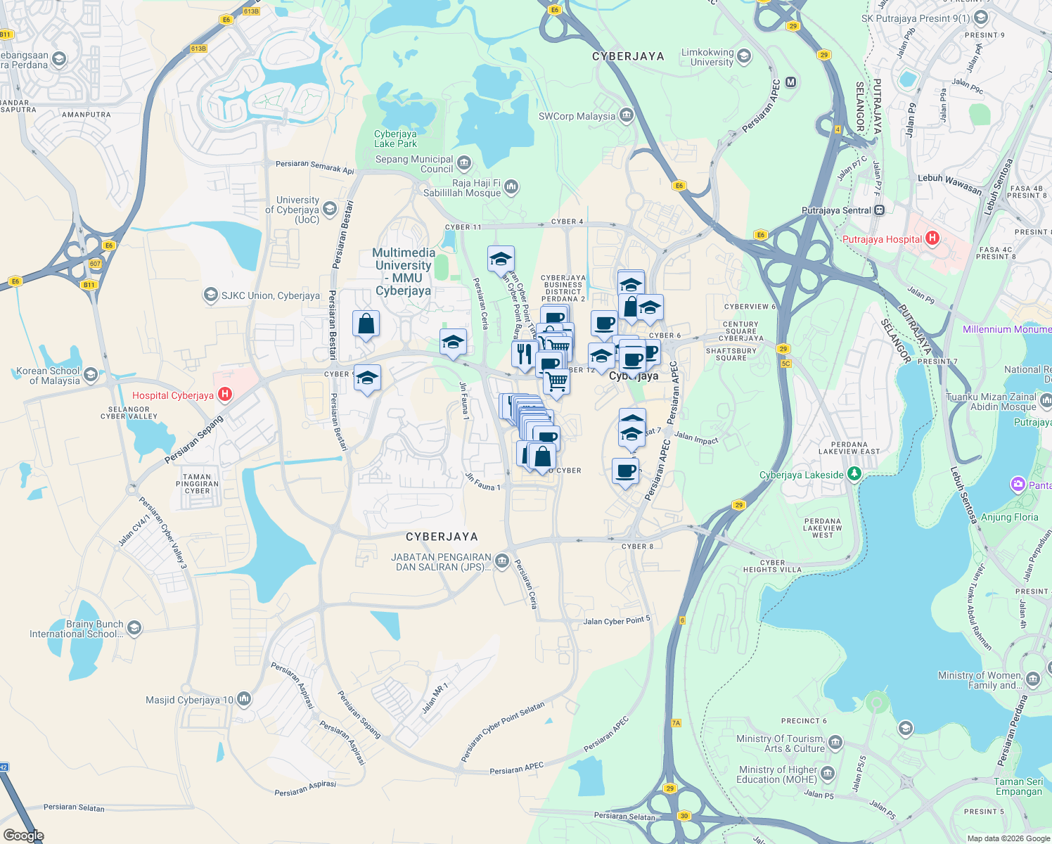 map of restaurants, bars, coffee shops, grocery stores, and more near Jalan Cyber Point 1 in Cyberjaya
