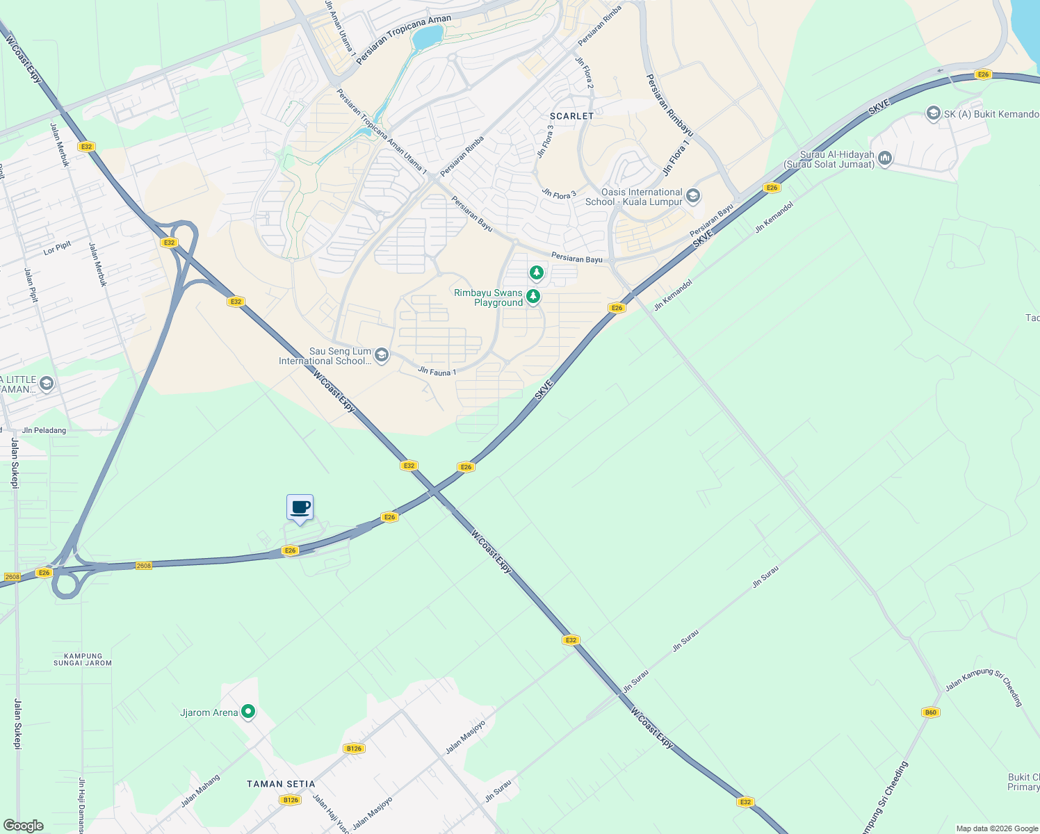 map of restaurants, bars, coffee shops, grocery stores, and more near Lebuhraya Lembah Klang Selatan in Jenjarom