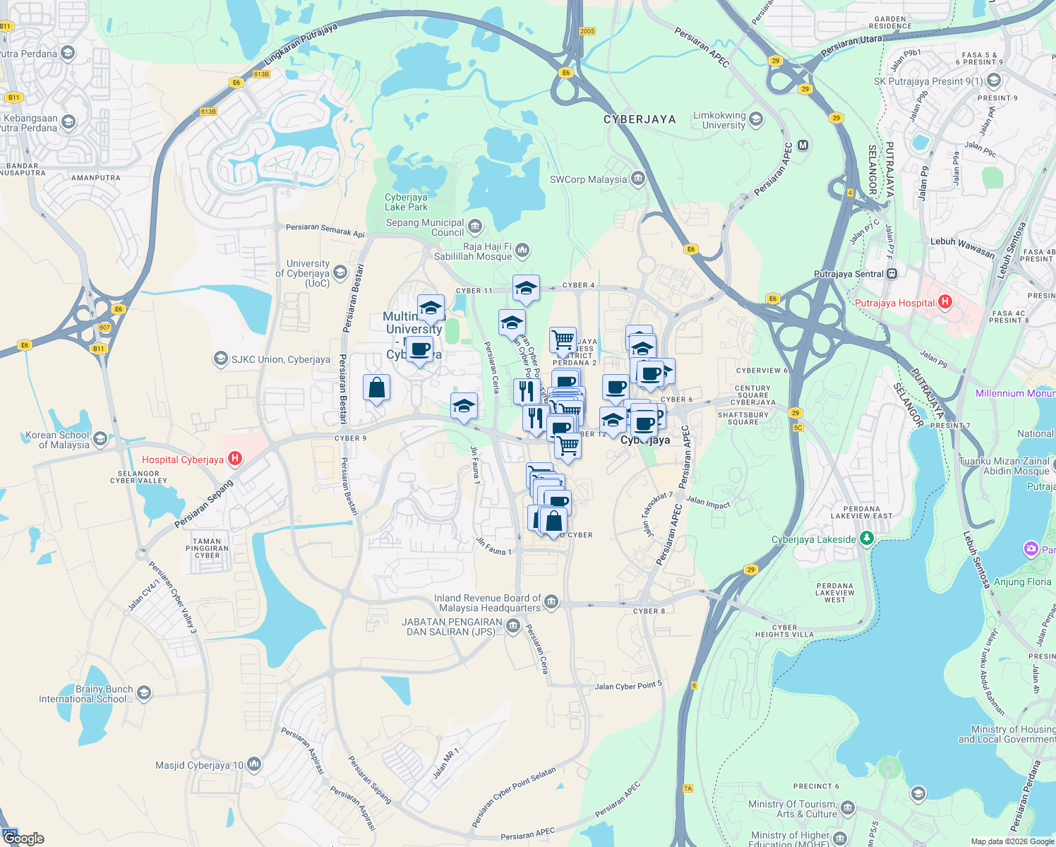 map of restaurants, bars, coffee shops, grocery stores, and more near Lingkaran Cyber Point Barat in Cyberjaya