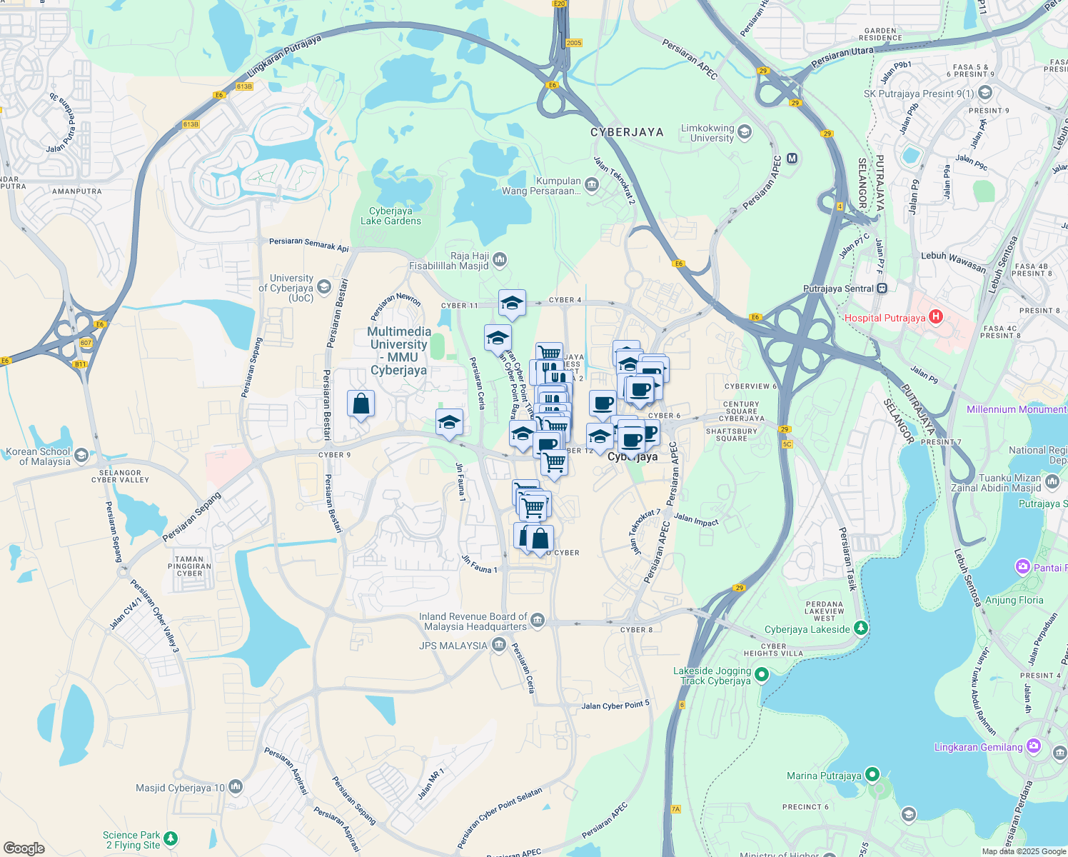 map of restaurants, bars, coffee shops, grocery stores, and more near Lingkaran Cyber Point Timur in Cyberjaya