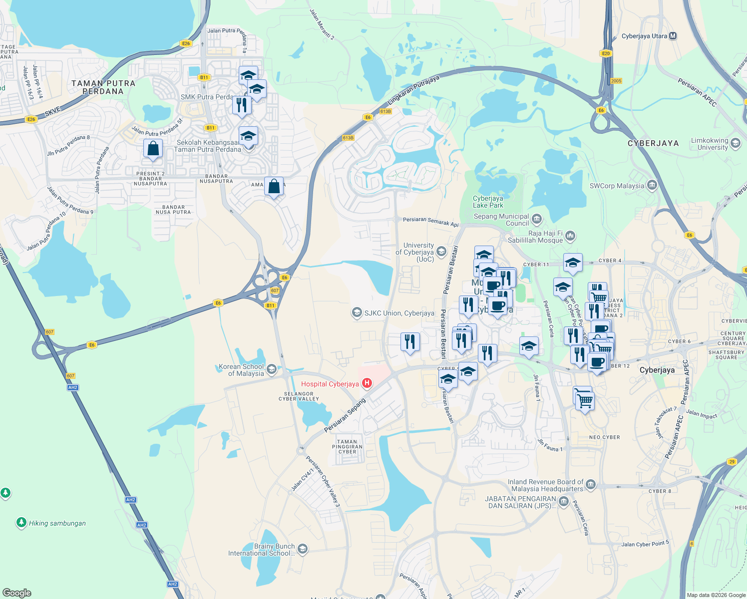 map of restaurants, bars, coffee shops, grocery stores, and more near Persiaran Sepang in Cyberjaya
