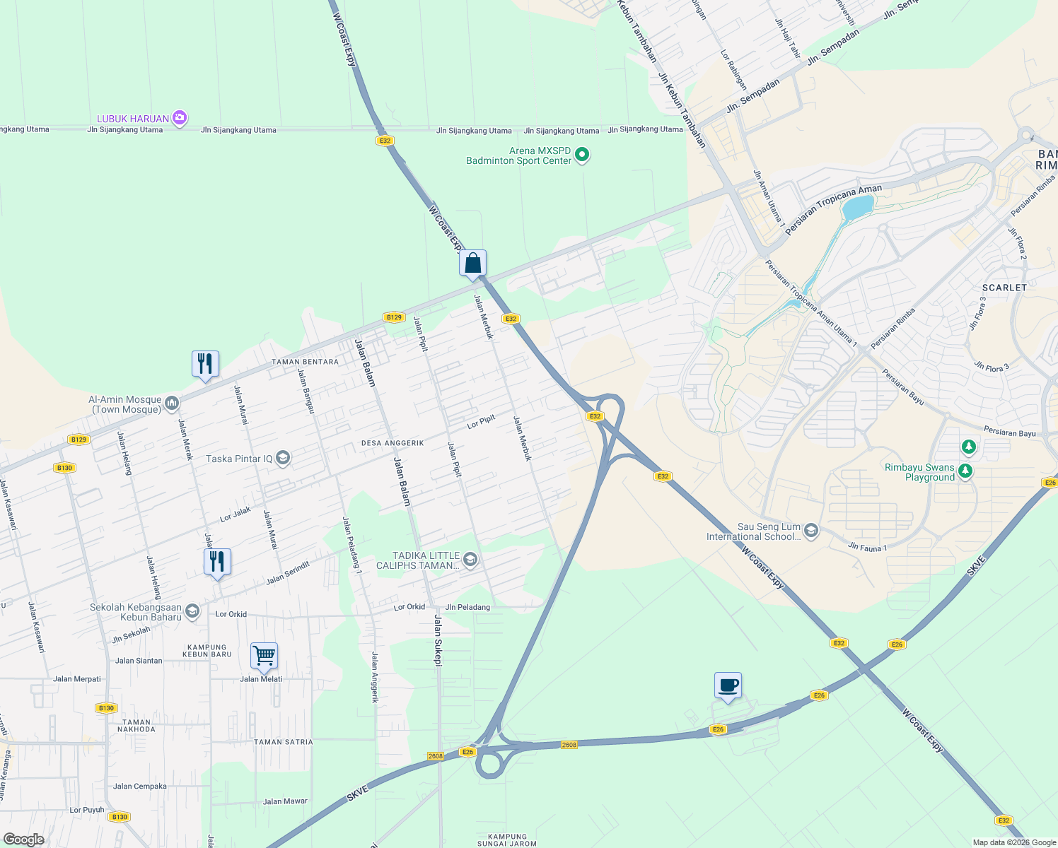 map of restaurants, bars, coffee shops, grocery stores, and more near 6 Jalan Merbuk 7/37 in Telok Panglima Garang