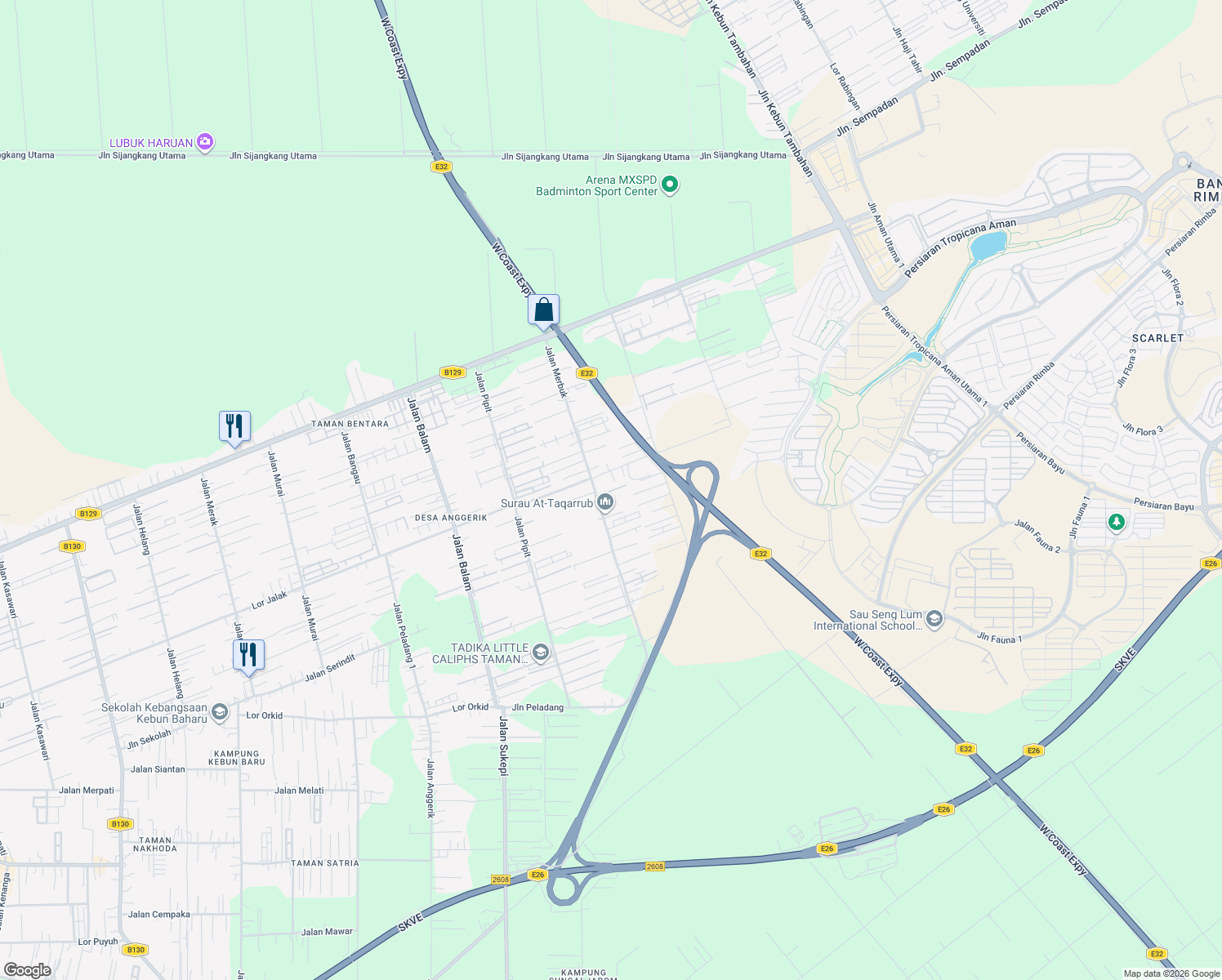 map of restaurants, bars, coffee shops, grocery stores, and more near 6 Jalan Merbuk 7/37 in Telok Panglima Garang