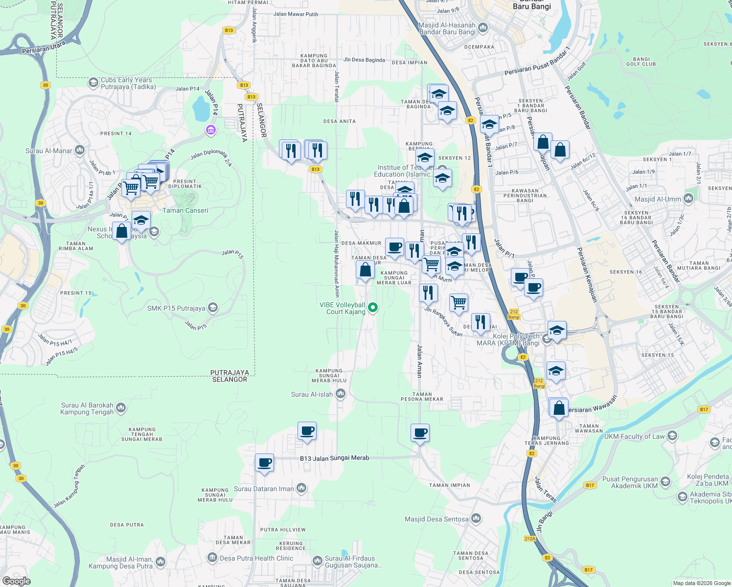 map of restaurants, bars, coffee shops, grocery stores, and more near Jalan Sungai Merab in Kajang