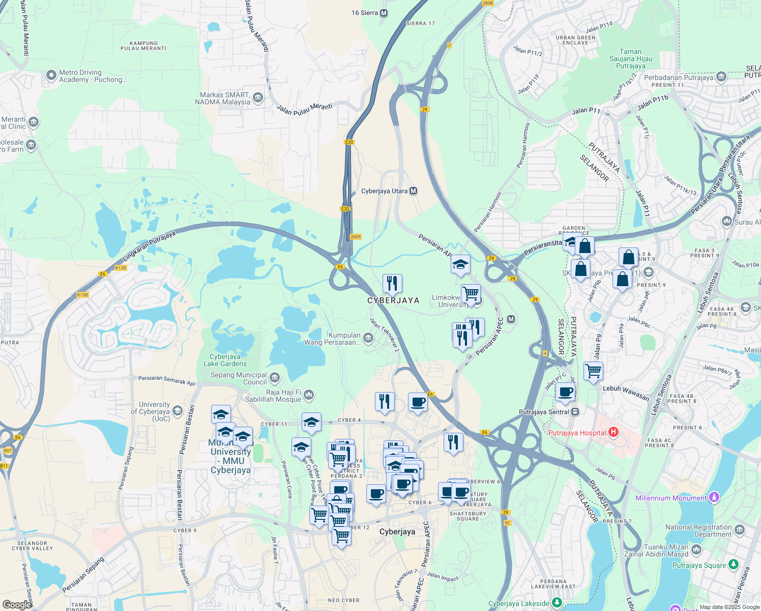 map of restaurants, bars, coffee shops, grocery stores, and more near Lingkaran Putrajaya in Cyberjaya