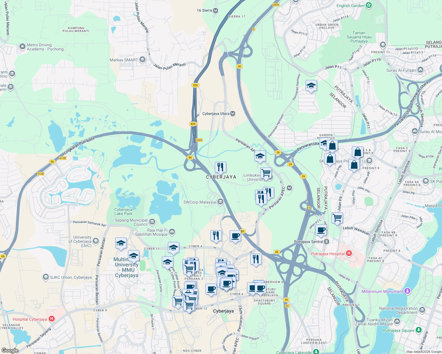 map of restaurants, bars, coffee shops, grocery stores, and more near in Cyberjaya