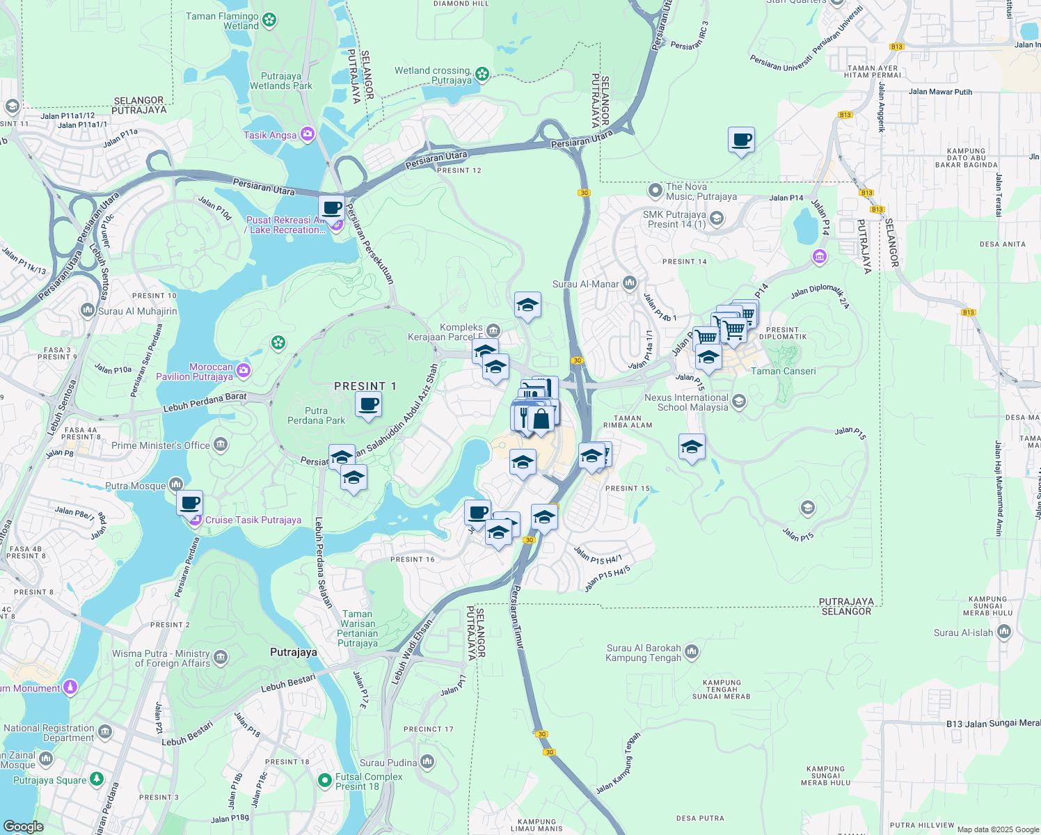 map of restaurants, bars, coffee shops, grocery stores, and more near Jalan Alamanda 1 in Putrajaya