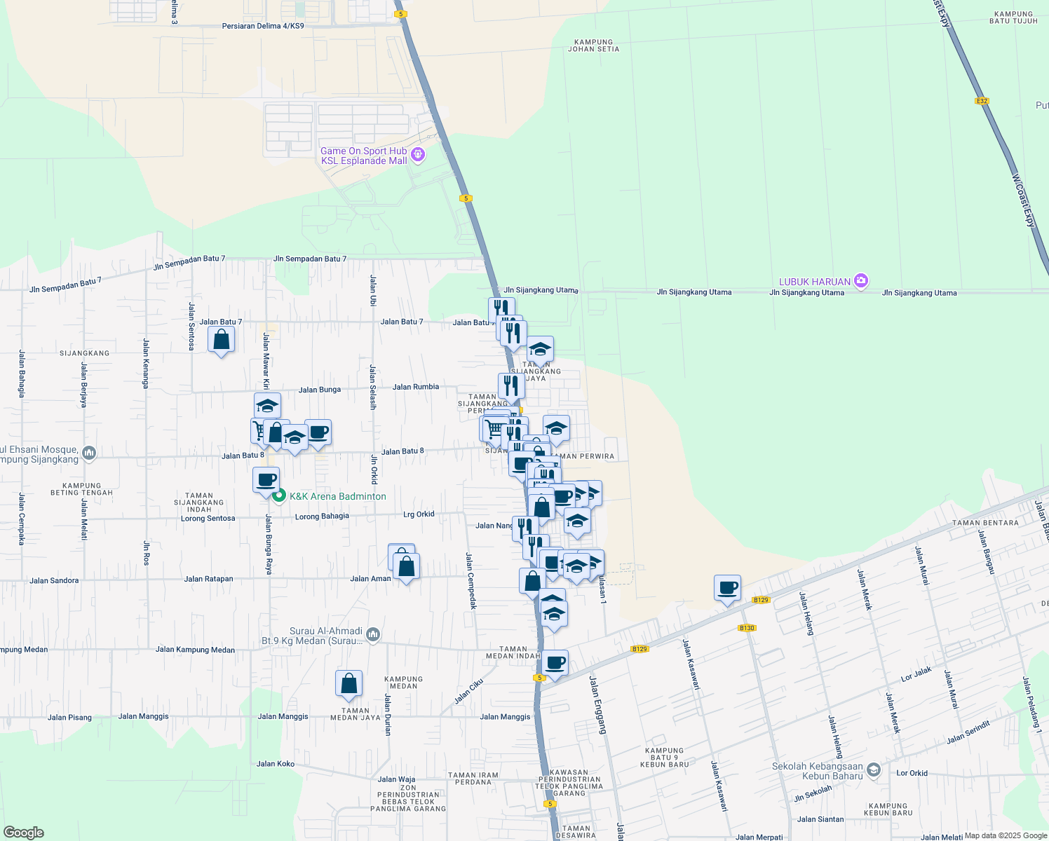 map of restaurants, bars, coffee shops, grocery stores, and more near Jalan Klang Banting in Telok Panglima Garang