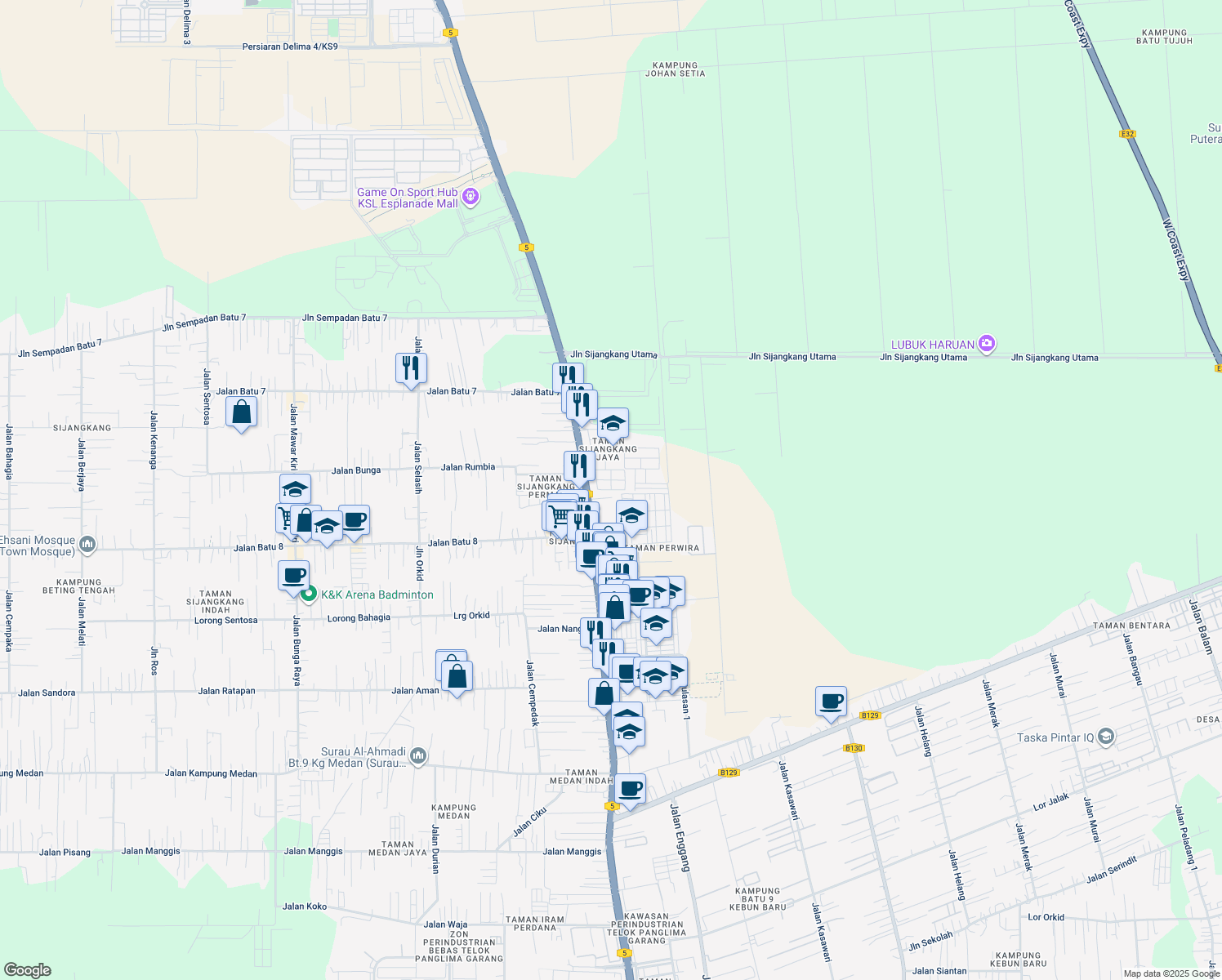 map of restaurants, bars, coffee shops, grocery stores, and more near Jalan Sijangkang Jaya 7 in Telok Panglima Garang