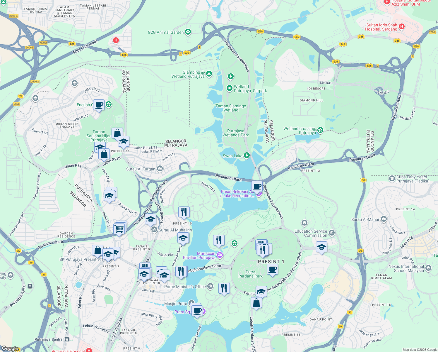 map of restaurants, bars, coffee shops, grocery stores, and more near Persiaran Utara in Putrajaya