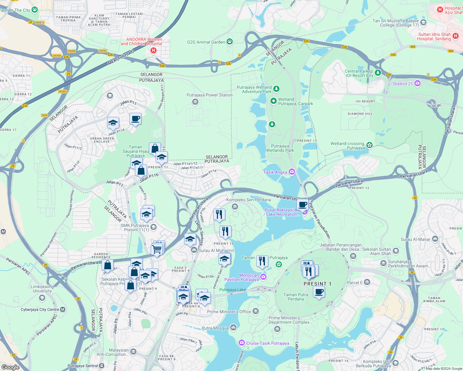 map of restaurants, bars, coffee shops, grocery stores, and more near Exit Persiaran Utara in Putrajaya
