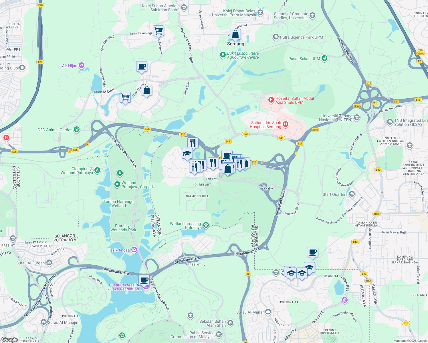 map of restaurants, bars, coffee shops, grocery stores, and more near Lembah Klang Selatan Highway in Kajang