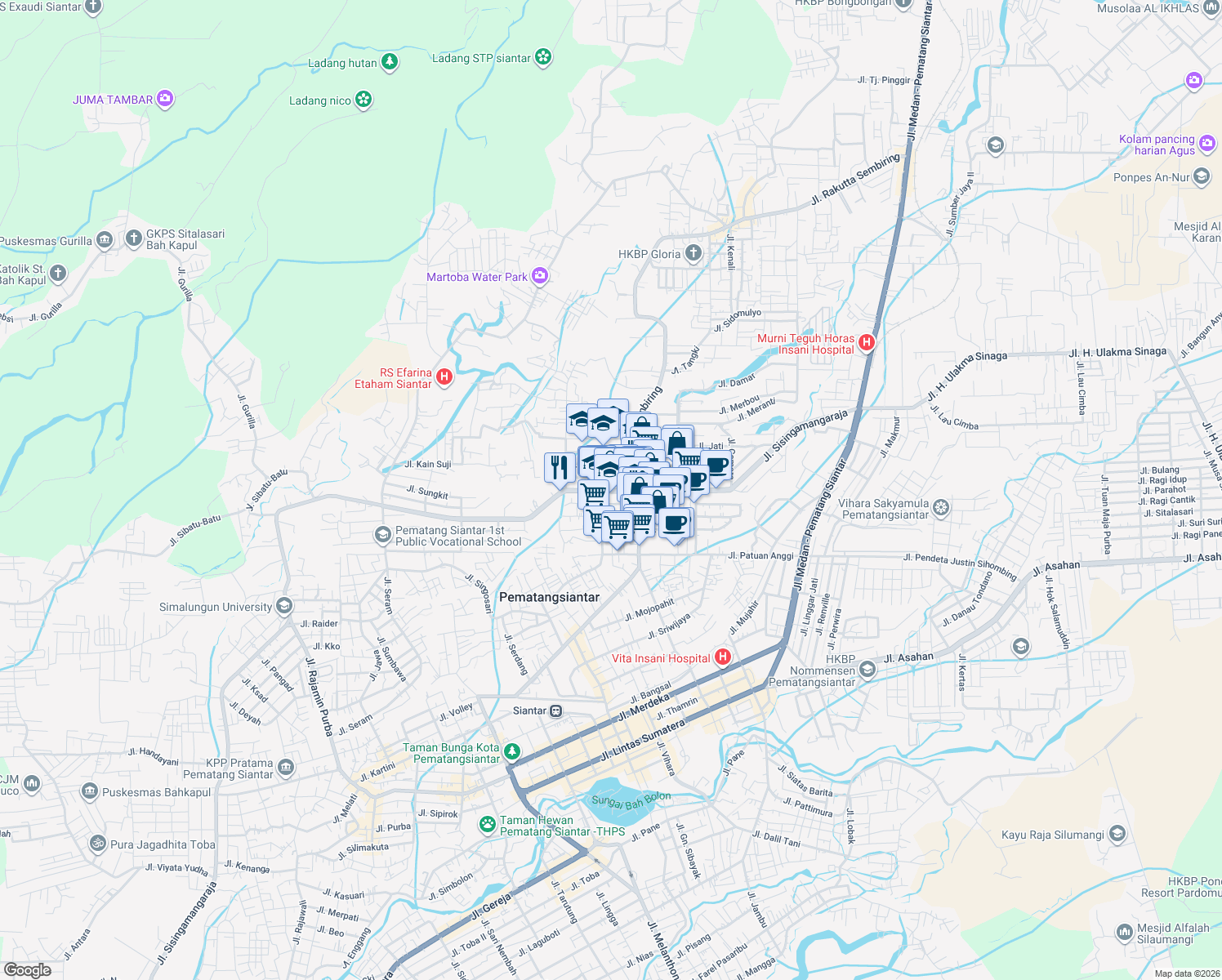 map of restaurants, bars, coffee shops, grocery stores, and more near 36 Jalan Bahbolon in Kota Pematang Siantar
