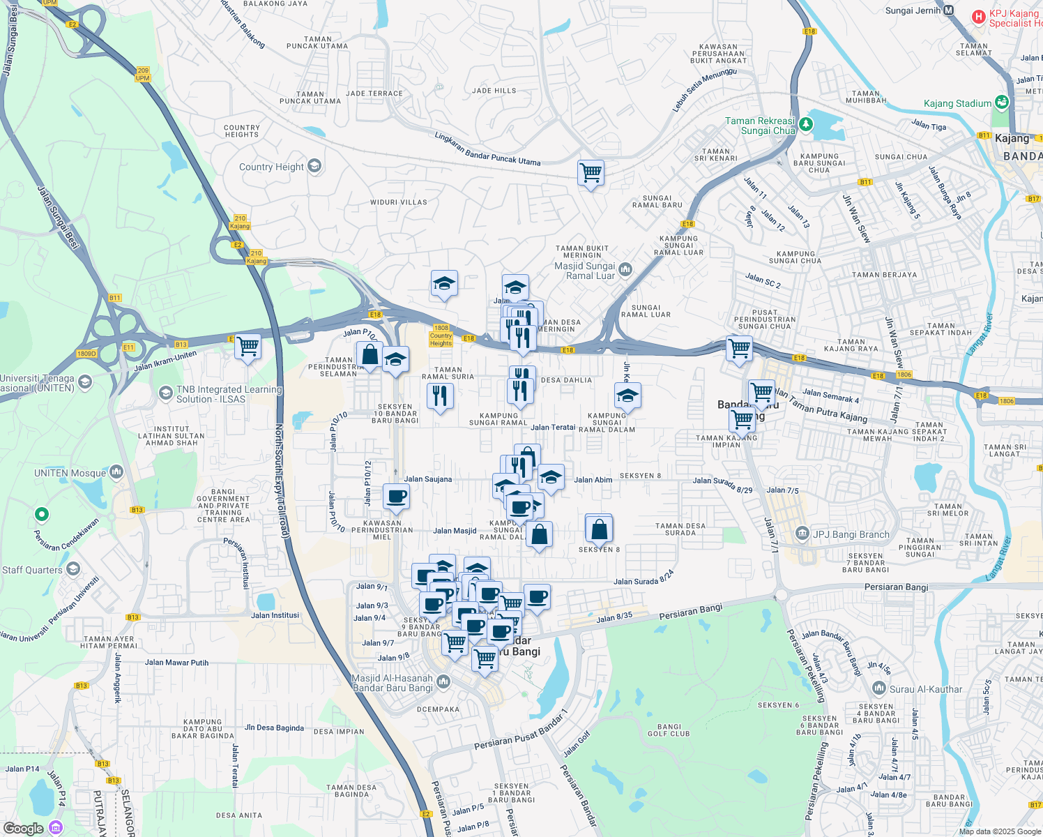 map of restaurants, bars, coffee shops, grocery stores, and more near Jalan Sungai Ramal Dalam in Kajang