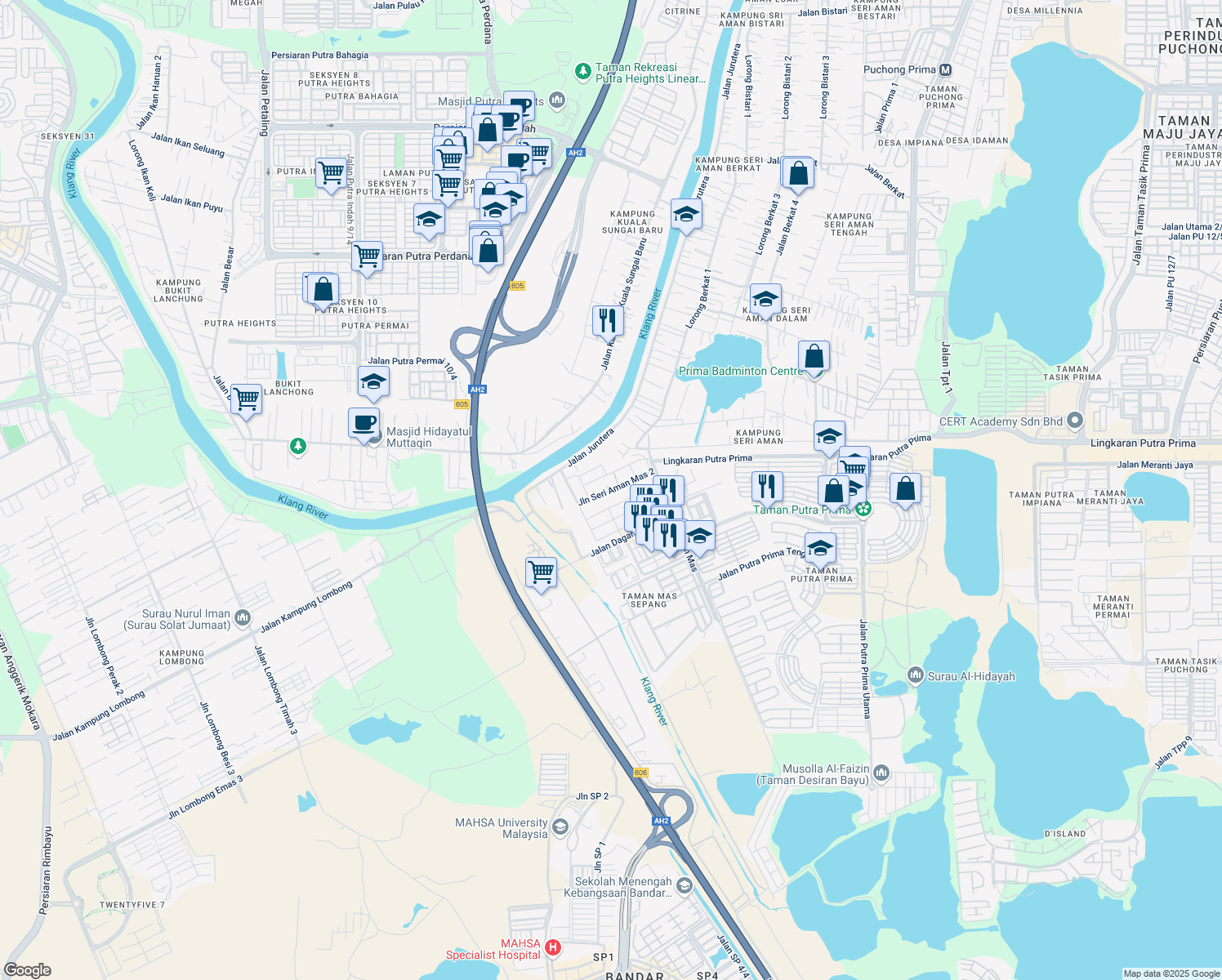 map of restaurants, bars, coffee shops, grocery stores, and more near Lorong Seri Aman Mas 2 in Puchong