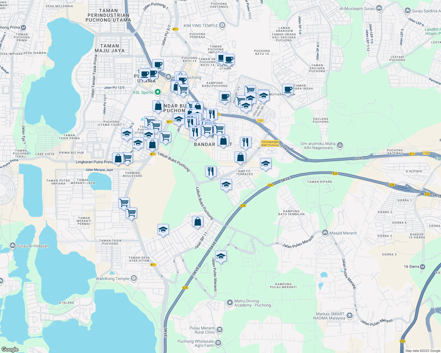 map of restaurants, bars, coffee shops, grocery stores, and more near Jalan Bukit Puchong in Puchong