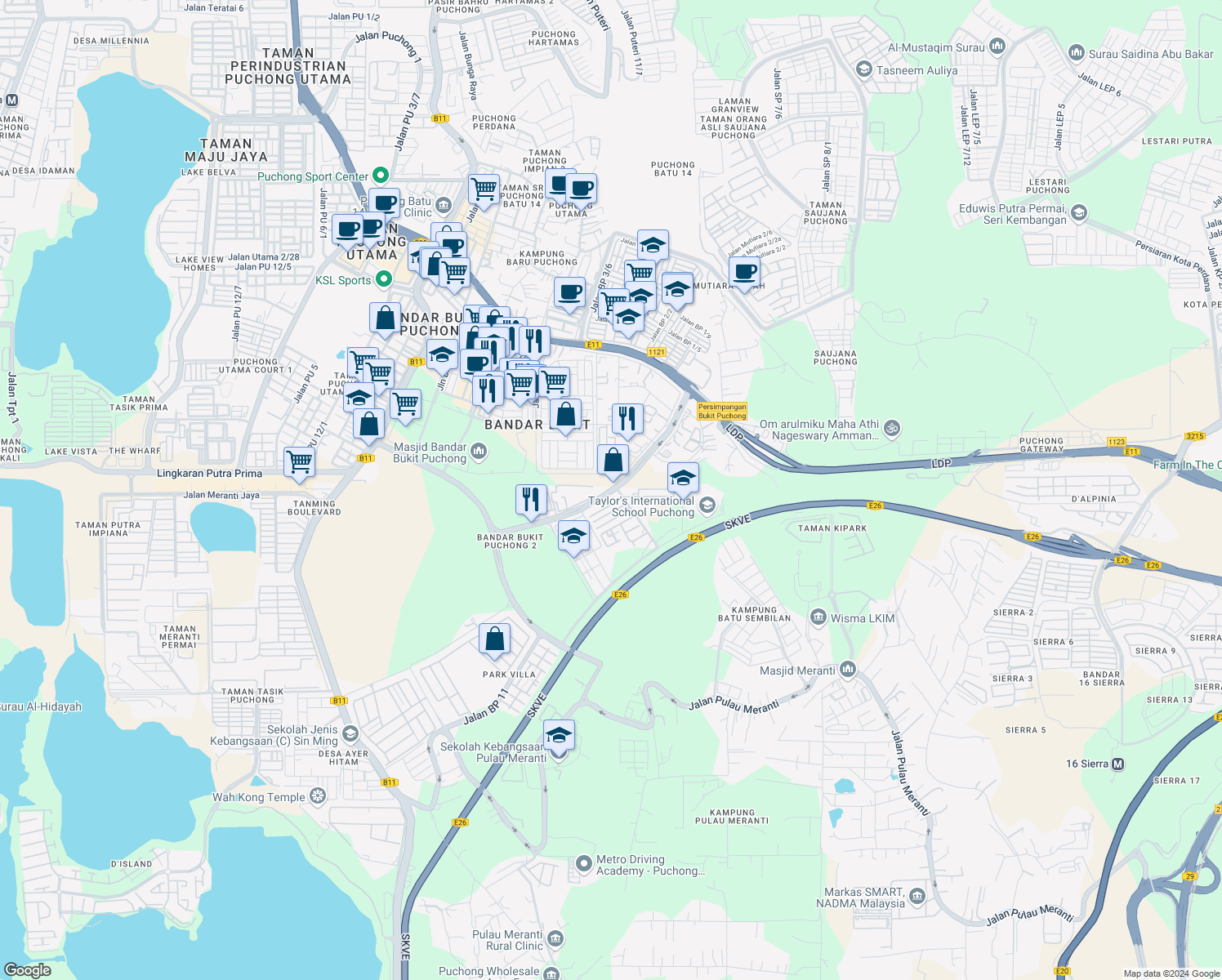 map of restaurants, bars, coffee shops, grocery stores, and more near Jalan Bukit Puchong in Puchong