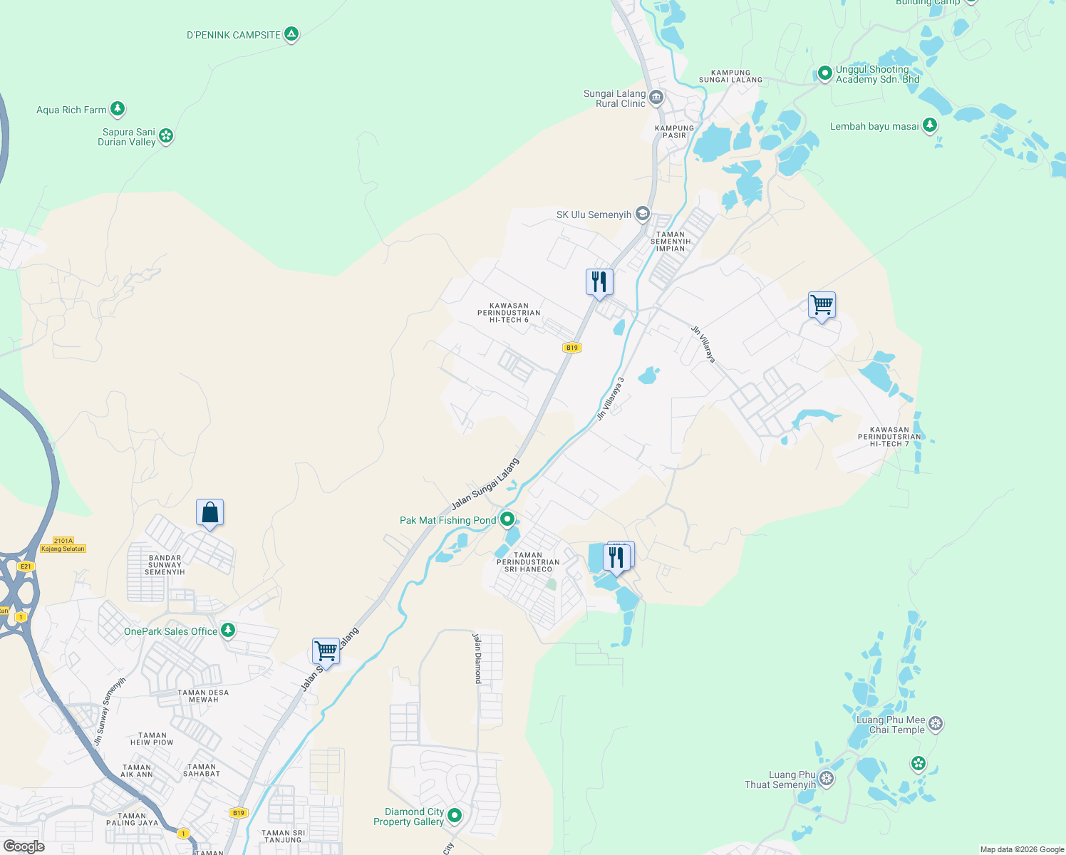 map of restaurants, bars, coffee shops, grocery stores, and more near Jalan Sungai Lalang in Semenyih