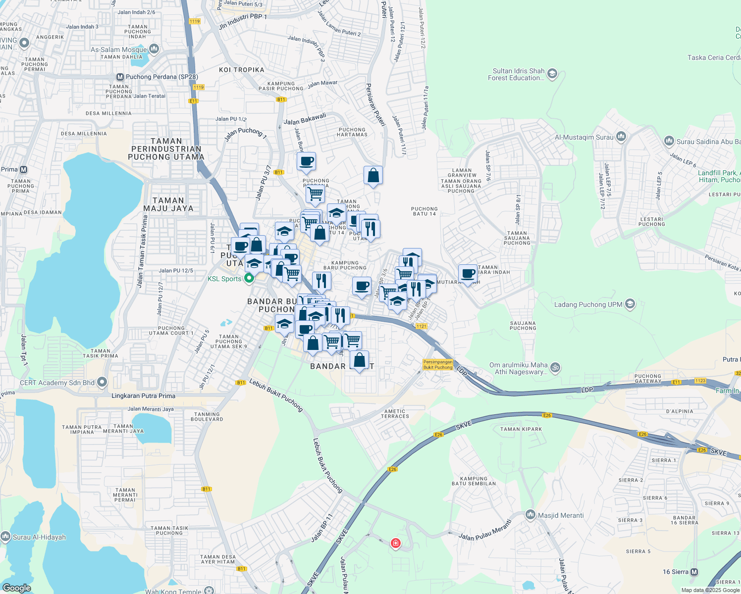 map of restaurants, bars, coffee shops, grocery stores, and more near Persiaran Bukit Puchong in Puchong