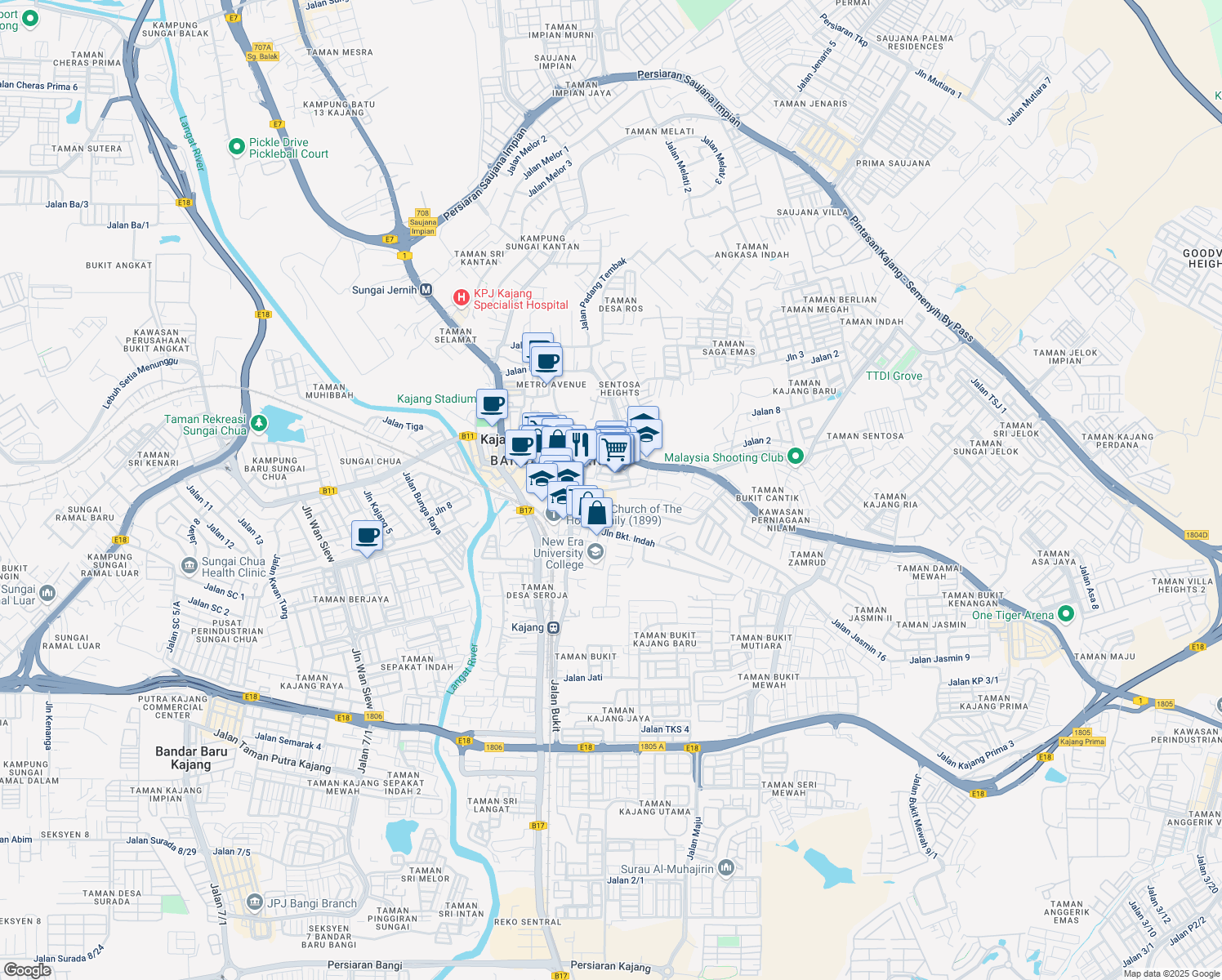 map of restaurants, bars, coffee shops, grocery stores, and more near Jalan Changkat in Kajang