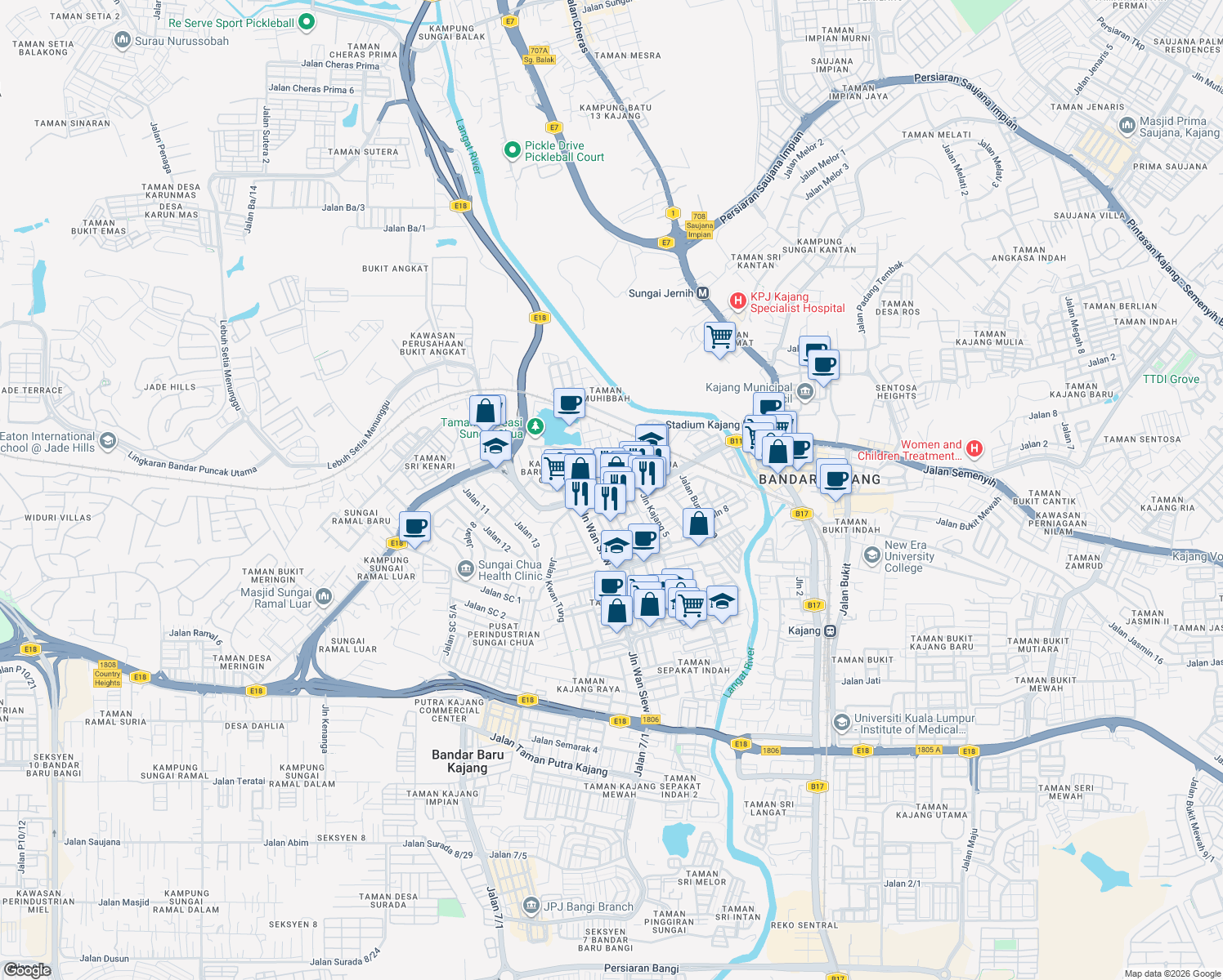 map of restaurants, bars, coffee shops, grocery stores, and more near Jalan Sungai Chua in Kajang