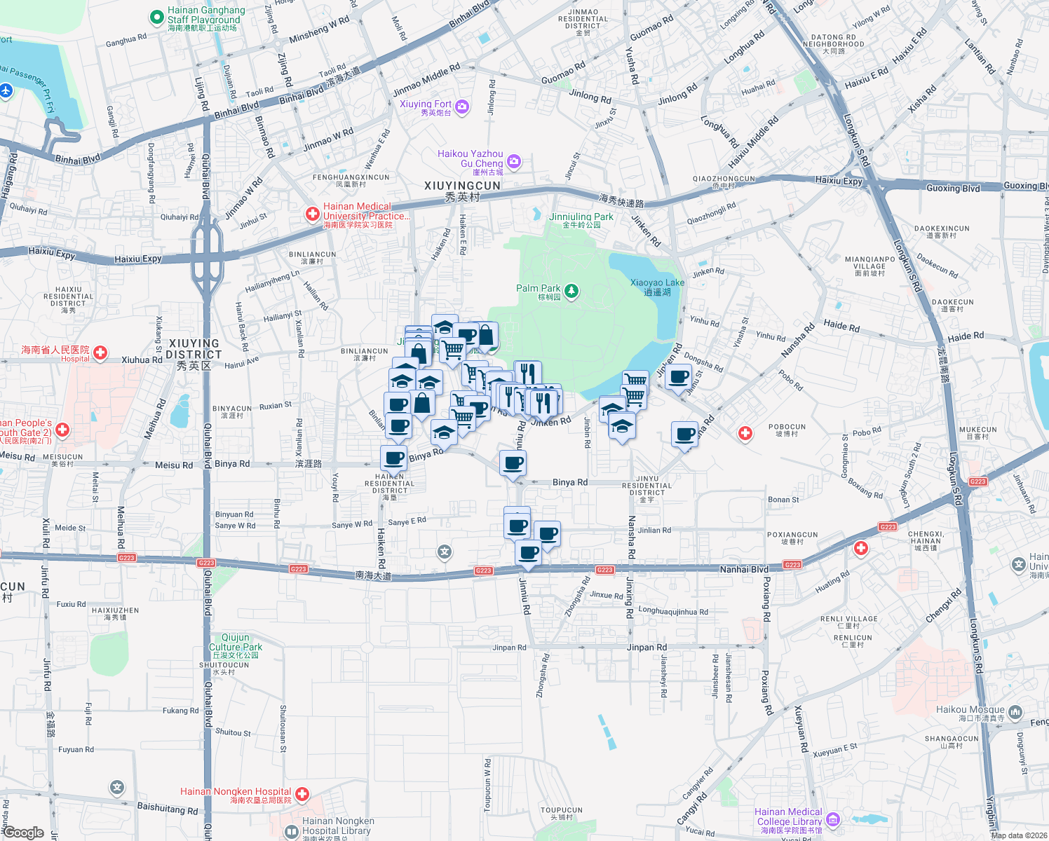 map of restaurants, bars, coffee shops, grocery stores, and more near Jin Niu Lu in Hai Kou Shi