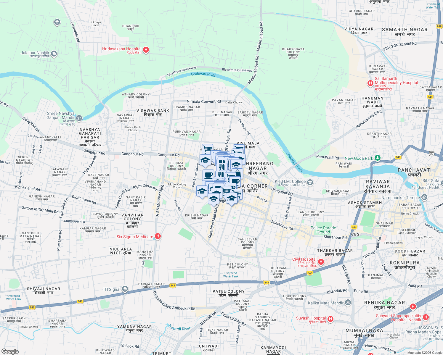 map of restaurants, bars, coffee shops, grocery stores, and more near Thatte Wadi Road in Nashik
